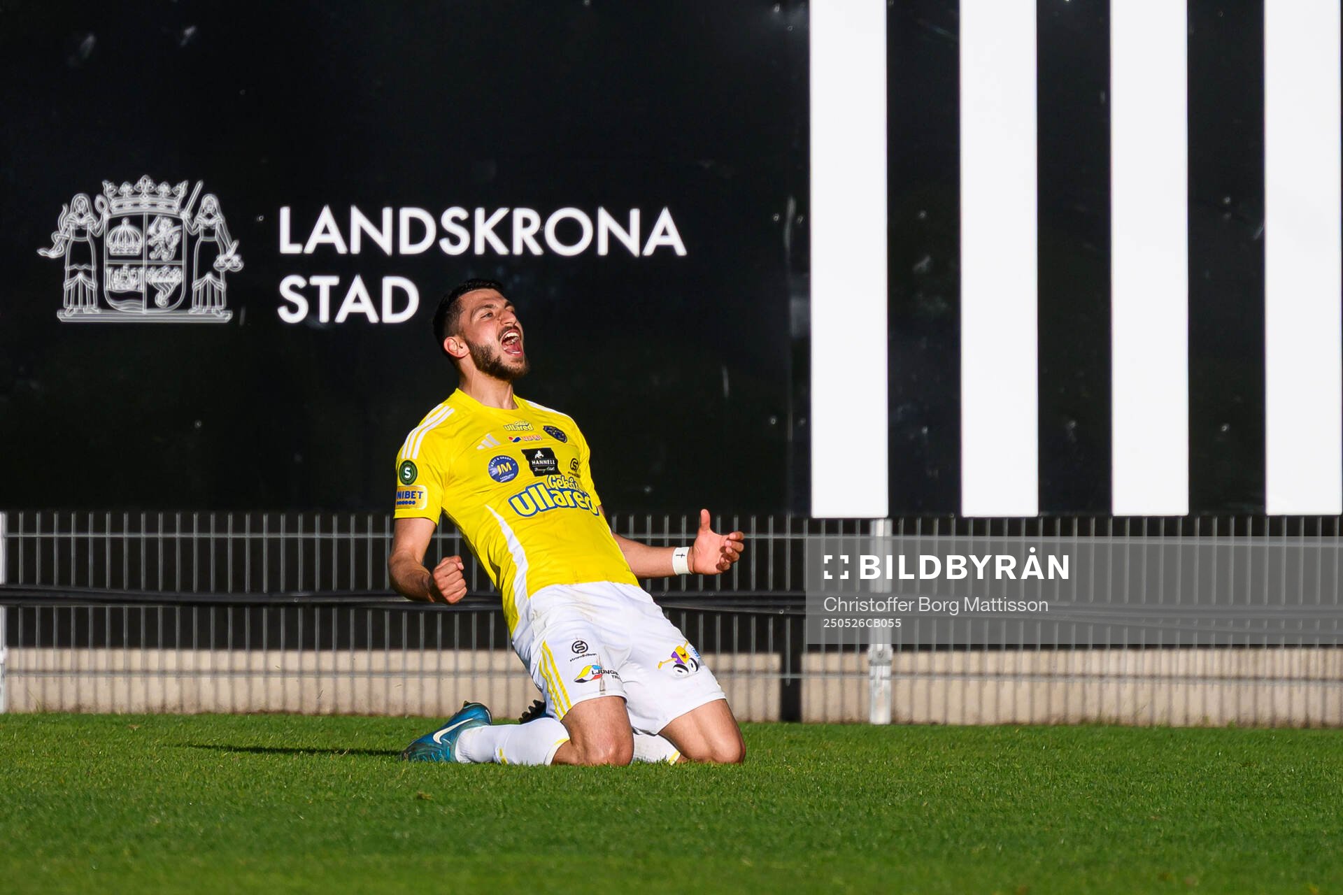 Falkenbergs Leonardo Farah Shahin jublar efter 0-2 under fotbollsmatchen i Superettan mellan Landskrona och Falkenberg den 26 maj 2025 i Landskrona. 