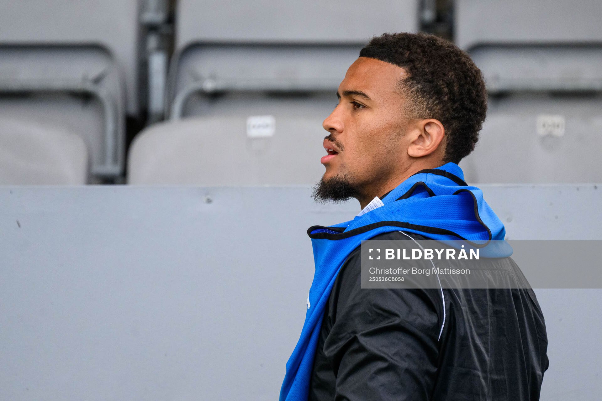 Landskronas Cameron Streete under fotbollsmatchen i Superettan mellan Landskrona och Falkenberg den 26 maj 2025 i Landskrona.