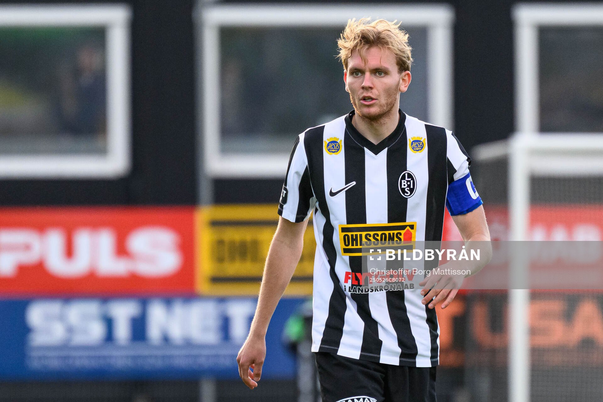 Landskronas Melker Jonsson under fotbollsmatchen i Superettan mellan Landskrona och Falkenberg den 26 maj 2025 i Landskrona.
