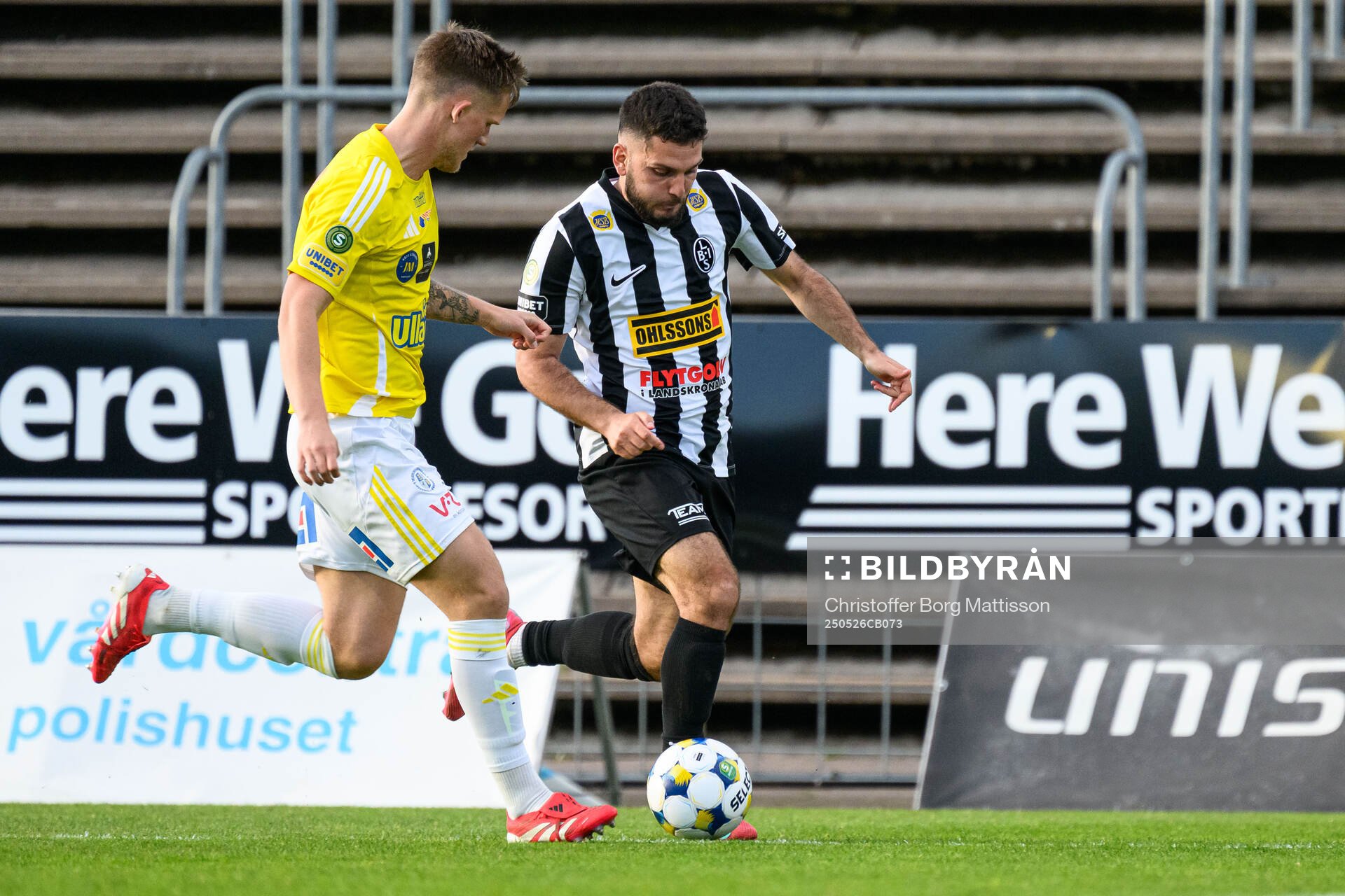 Landskronas Edi Sylisufaj under fotbollsmatchen i Superettan mellan Landskrona och Falkenberg den 26 maj 2025 i Landskrona.