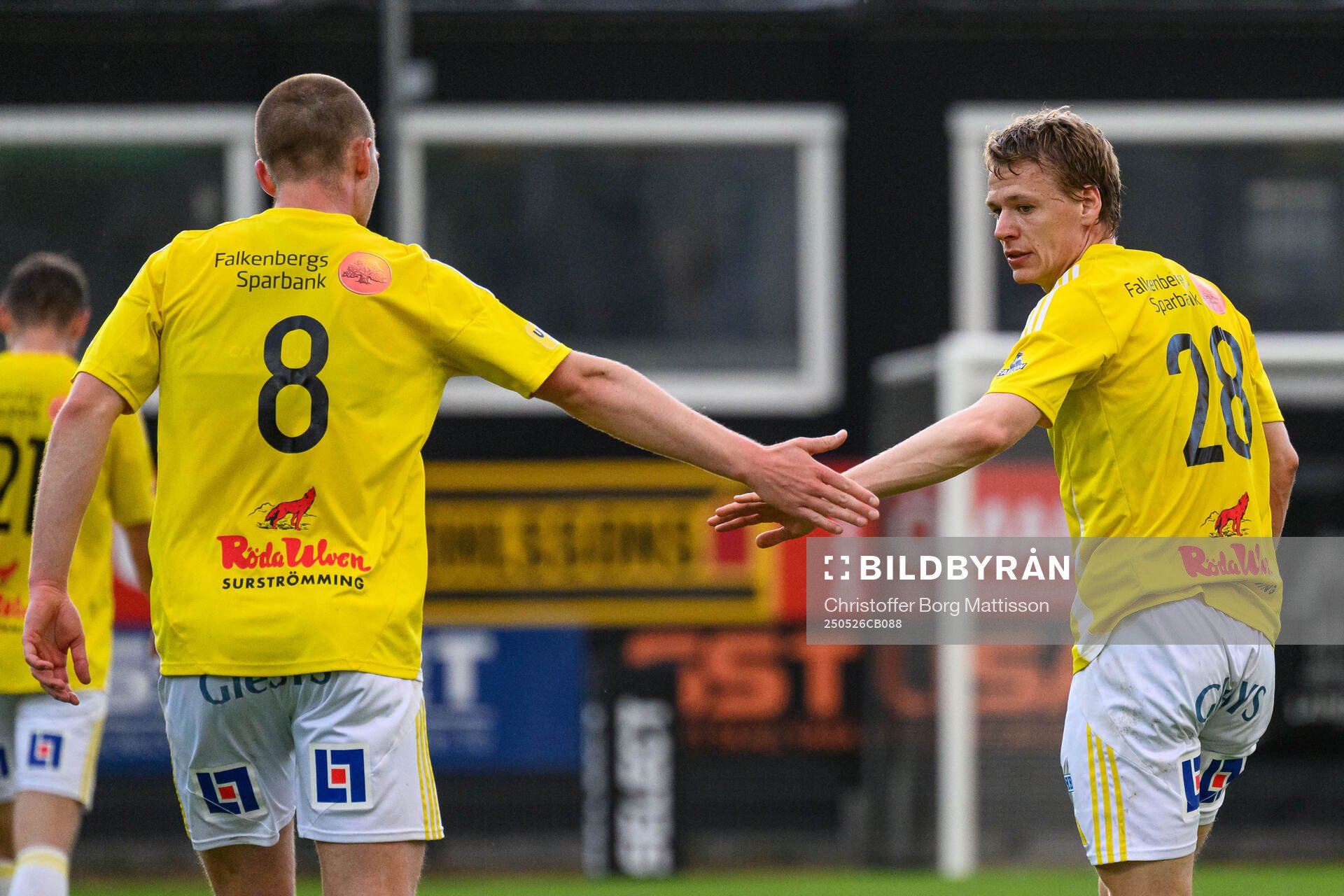 Falkenbergs Nils Bertilsson och Melker Nilsson jublar under fotbollsmatchen i Superettan mellan Landskrona och Falkenberg den 26 maj 2025 i Landskrona.