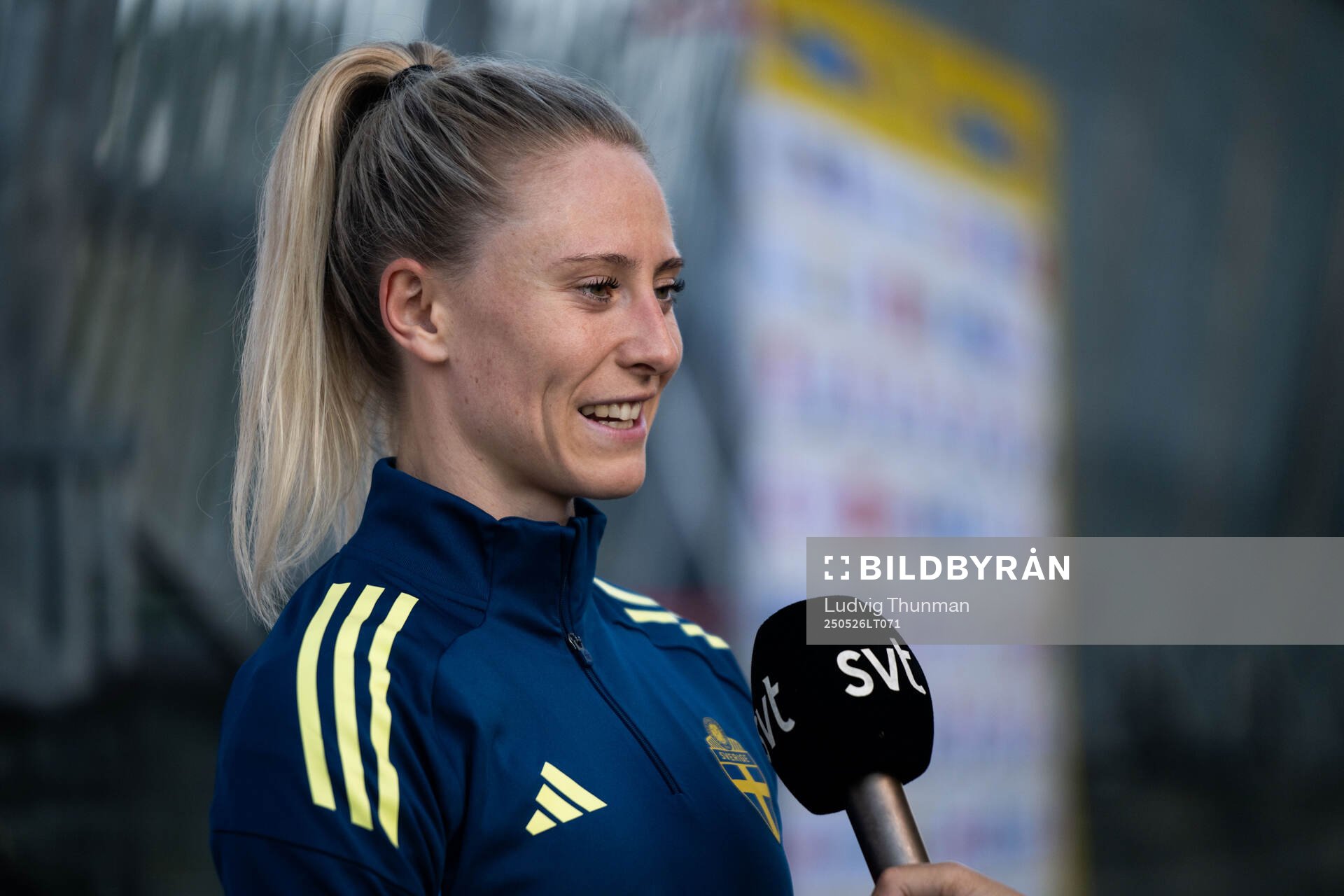 Rebecka Blomqvist of the Swedish women’s national football team in mixed zone after a training session on May 26, 2025 in Fidenza. 