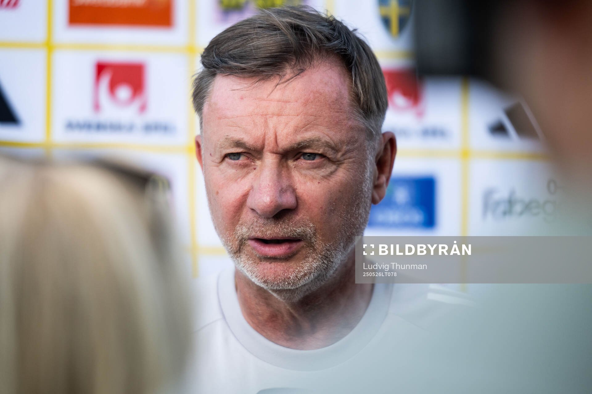 Head coach Peter Gerhardsson of the Swedish women’s national football team in mixed zone after a training session on May 26, 2025 in Fidenza. 