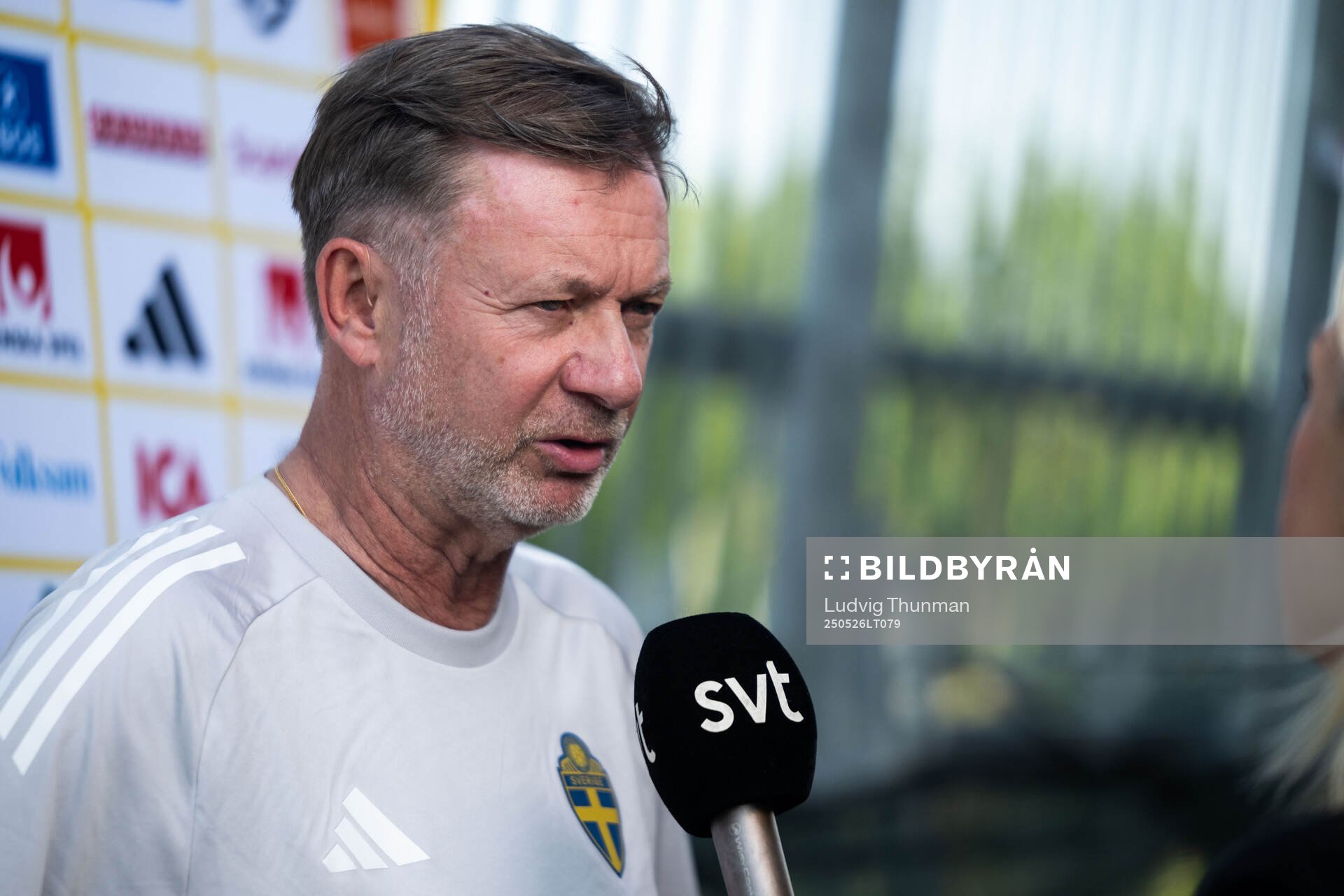 Head coach Peter Gerhardsson of the Swedish women’s national football team in mixed zone after a training session on May 26, 2025 in Fidenza. 