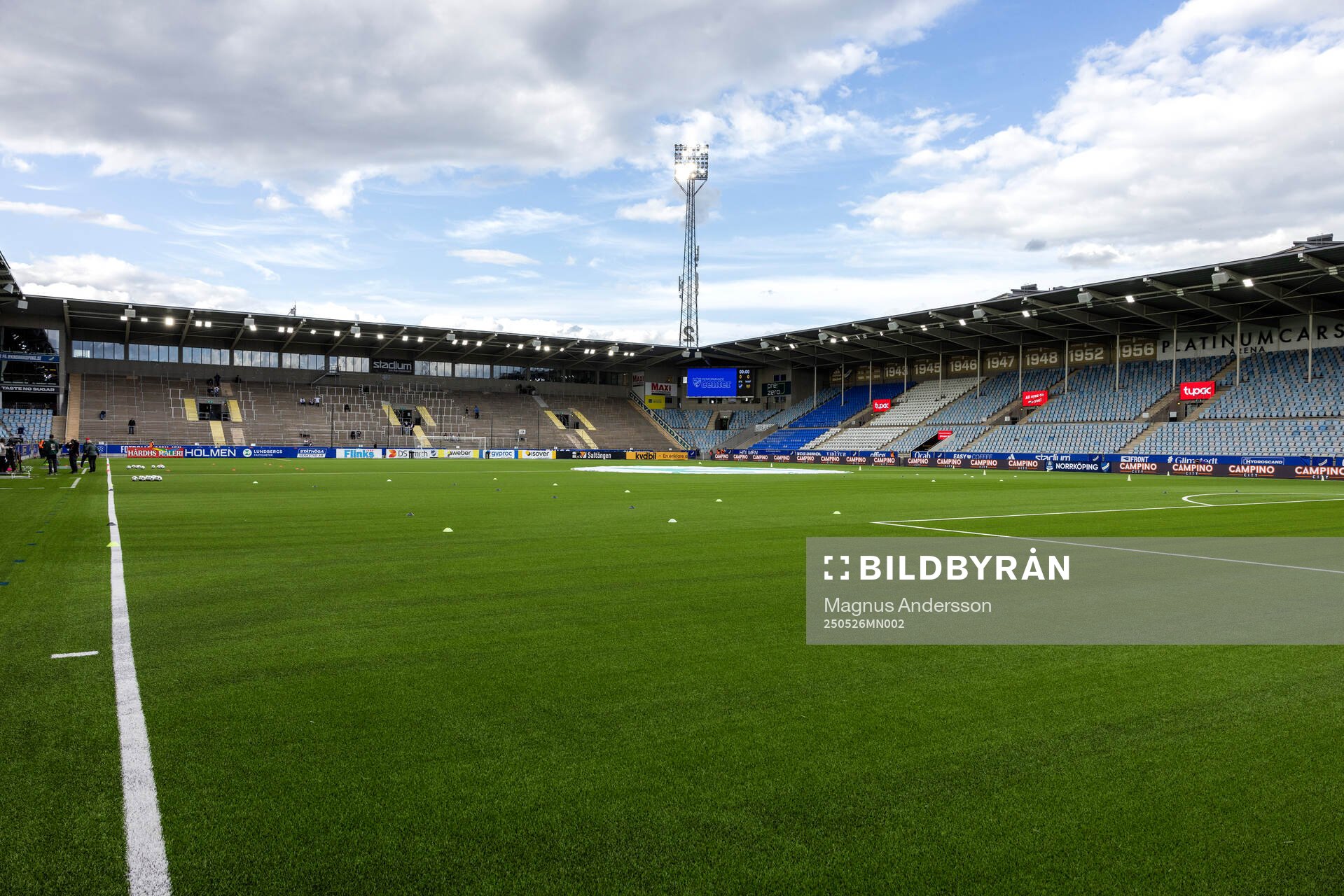 Interiör vy av Platinumcars Arena inför fotbollsmatchen i Allsvenskan mellan IFK Norrköping och Mjällby den 26 maj 2025 i Norrköping.