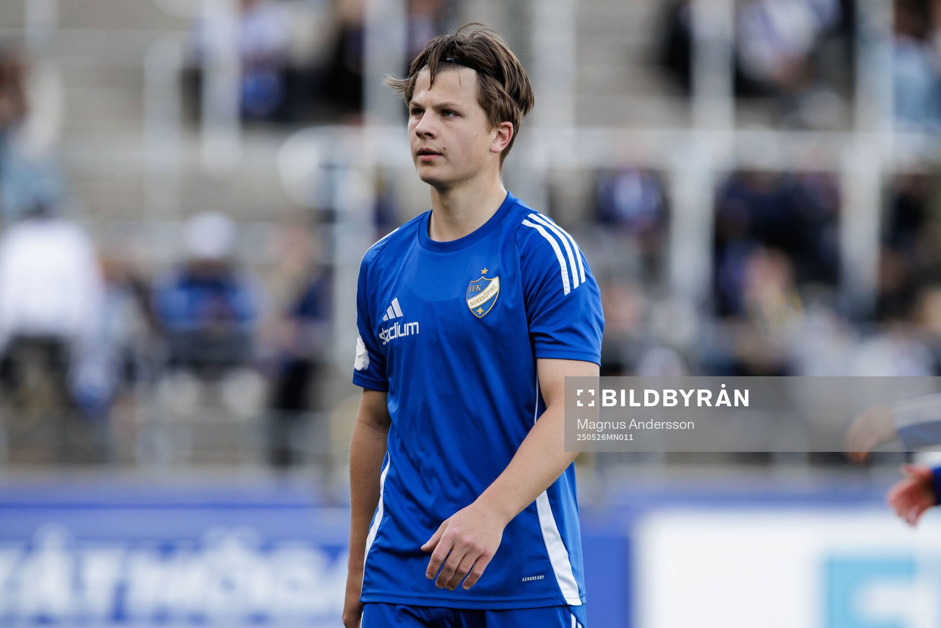 IFK Norrköpings Axel Brönner inför fotbollsmatchen i Allsvenskan mellan IFK Norrköping och Mjällby den 26 maj 2025 i Norrköping. 