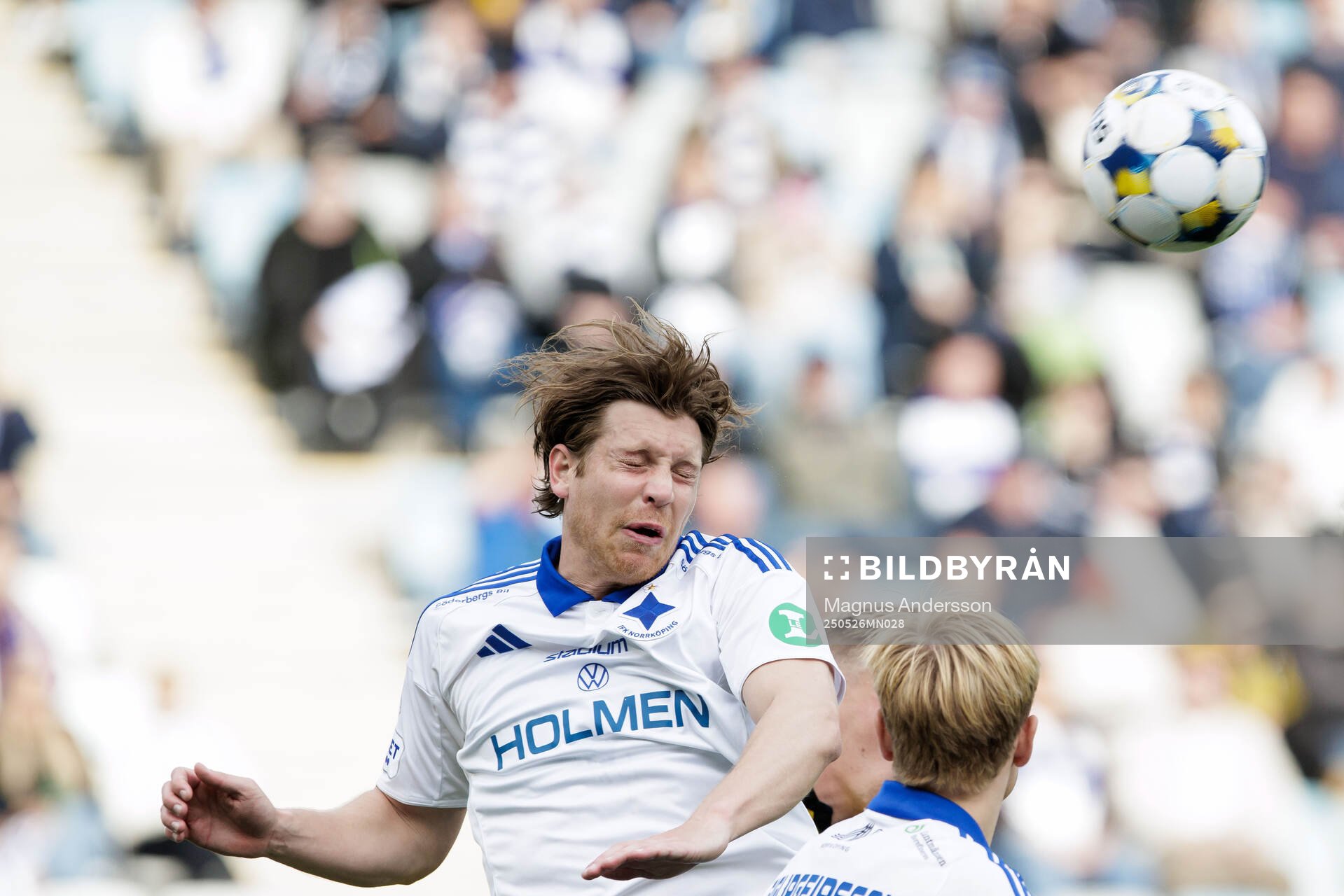 IFK Norrköpings Alexander Fransson under fotbollsmatchen i Allsvenskan mellan IFK Norrköping och Mjällby den 26 maj 2025 i Norrköping.