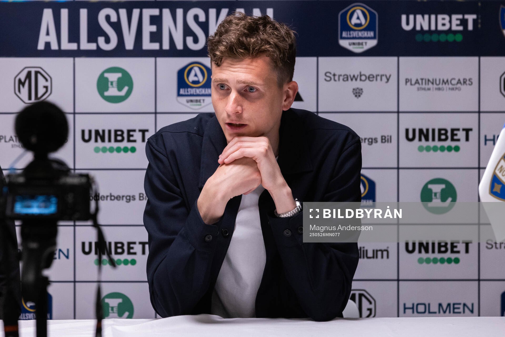 IFK Norrköpings tränare Martin Falk under presskonferensen efter fotbollsmatchen i Allsvenskan mellan IFK Norrköping och Mjällby den 26 maj 2025 i Norrköping.