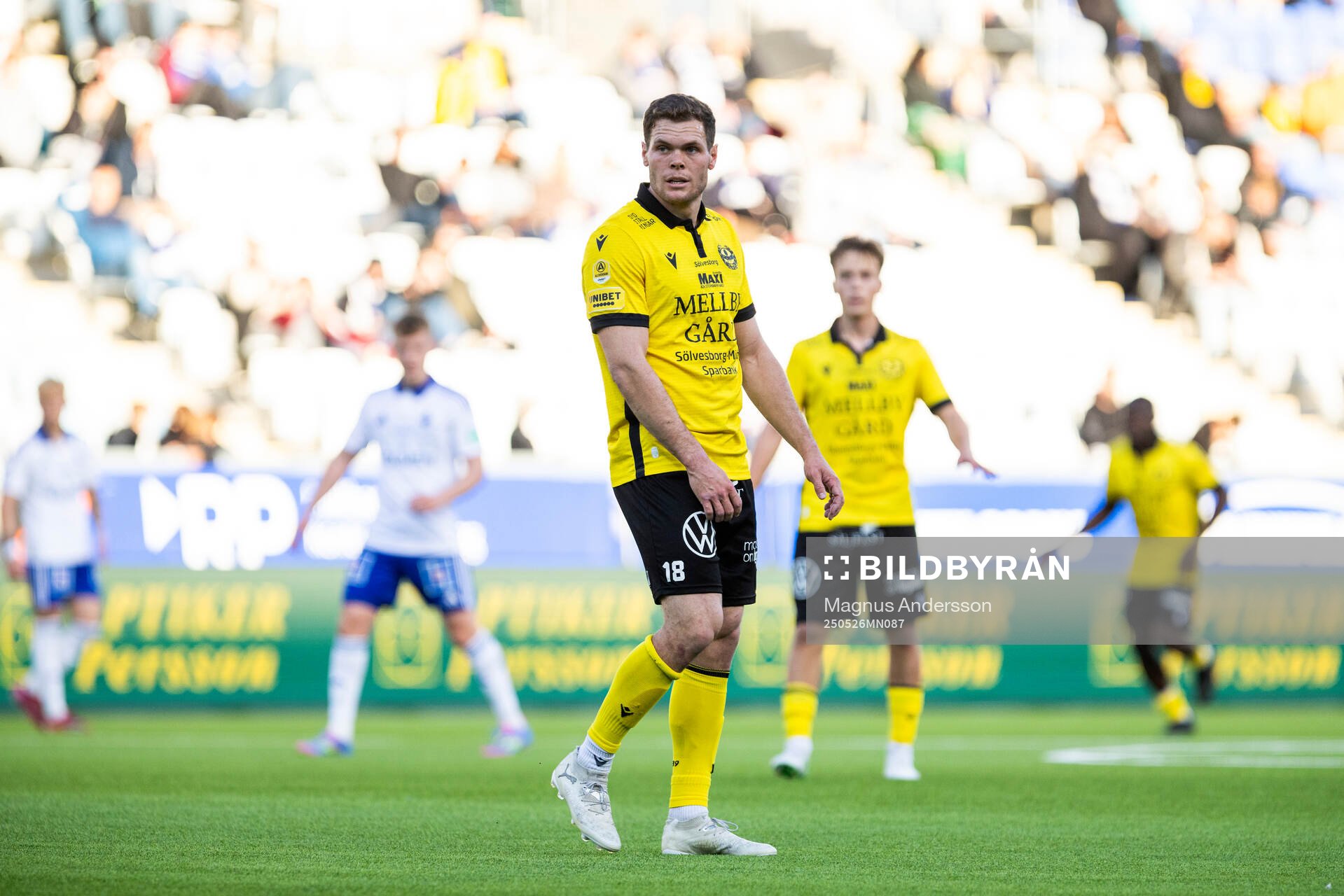 Mjällbys Jacob Bergström under fotbollsmatchen i Allsvenskan mellan IFK Norrköping och Mjällby den 26 maj 2025 i Norrköping. 