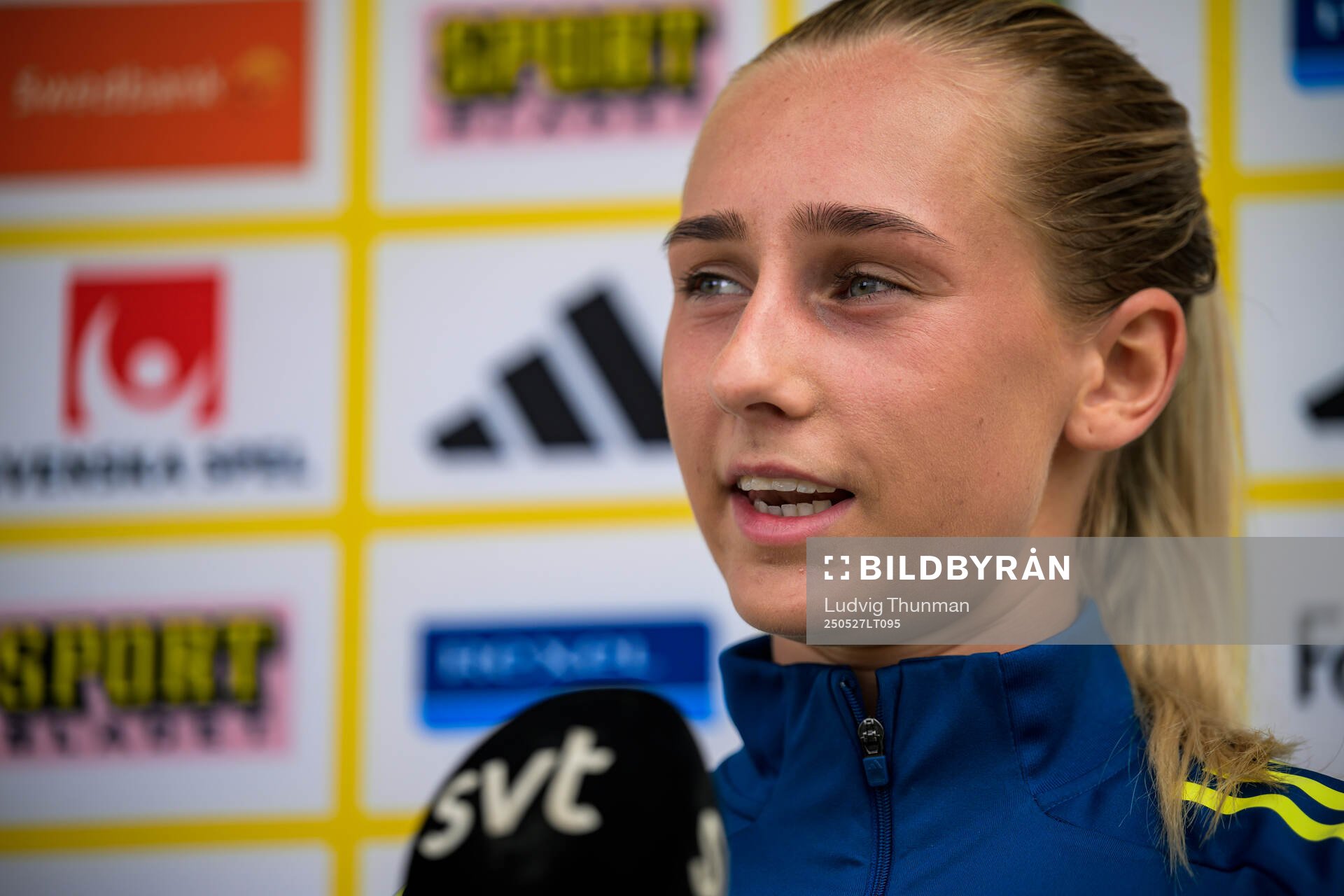 Ellen Wangerheim of the Swedish women’s national football team is interviewed by the media after a training session on May 27, 2025 in Fidenza. 