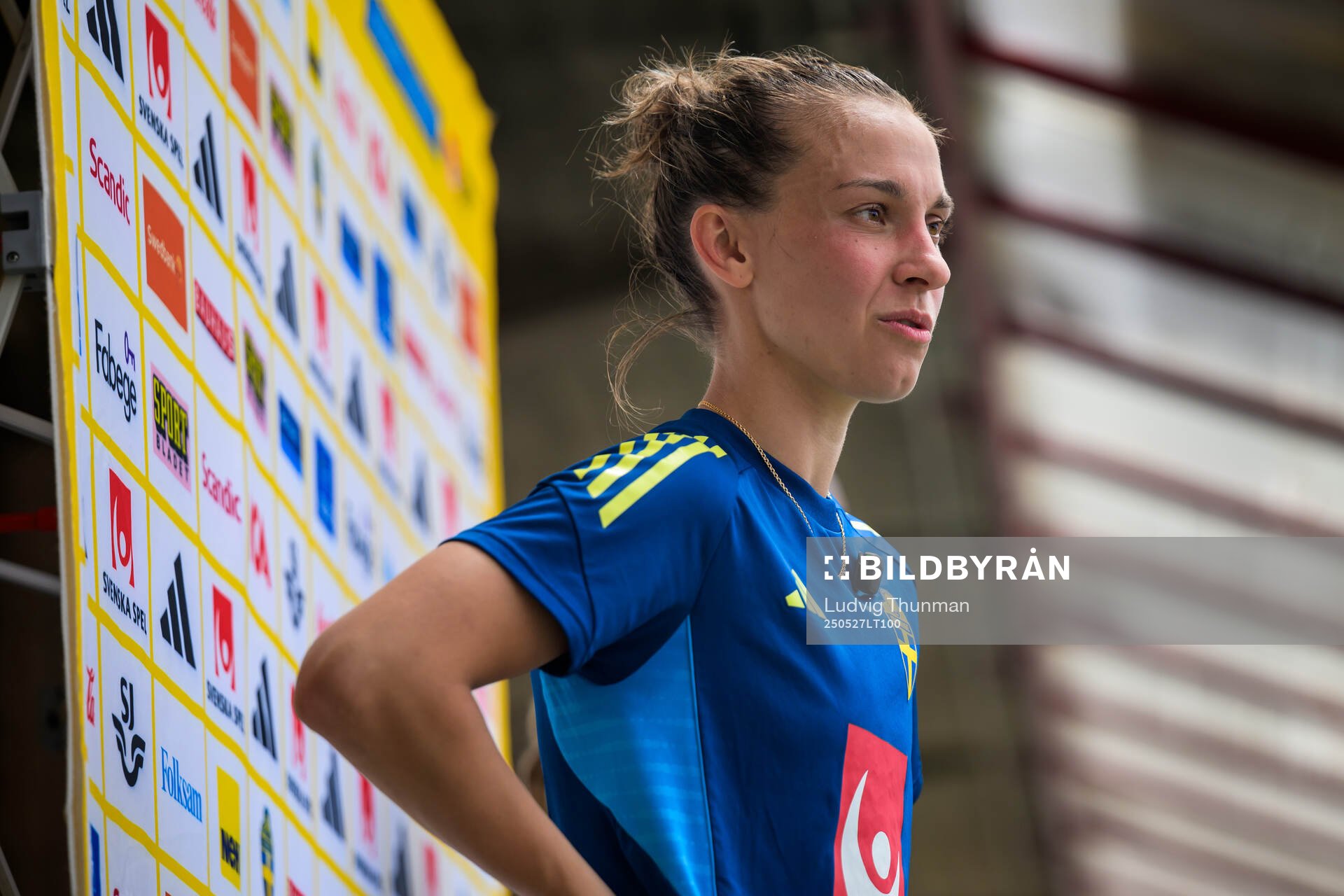 Julia Zigiotti Olme of the Swedish women’s national football team is interviewed by the media after a training session on May 27, 2025 in Fidenza. 