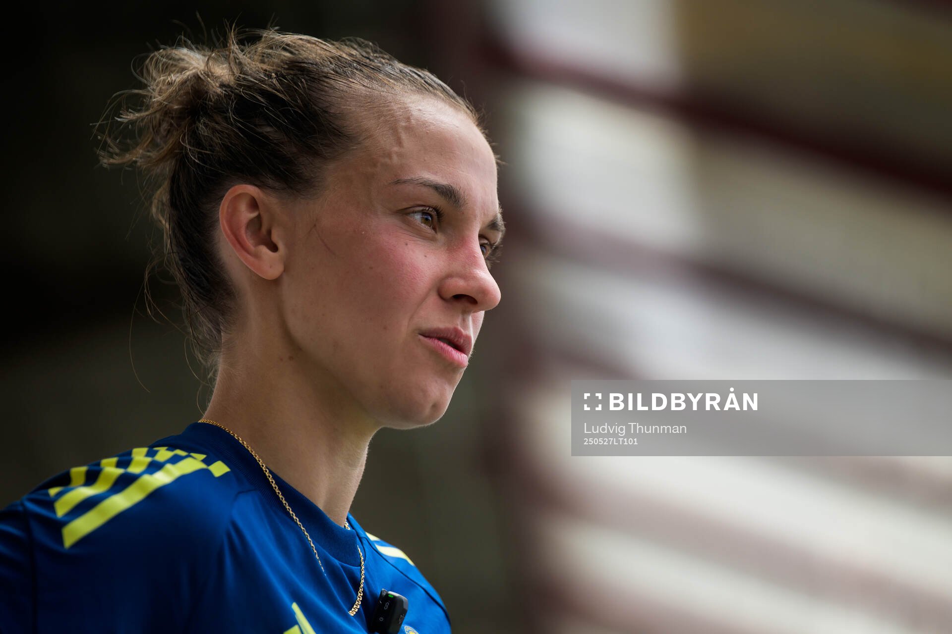 Julia Zigiotti Olme of the Swedish women’s national football team is interviewed by the media after a training session on May 27, 2025 in Fidenza. 