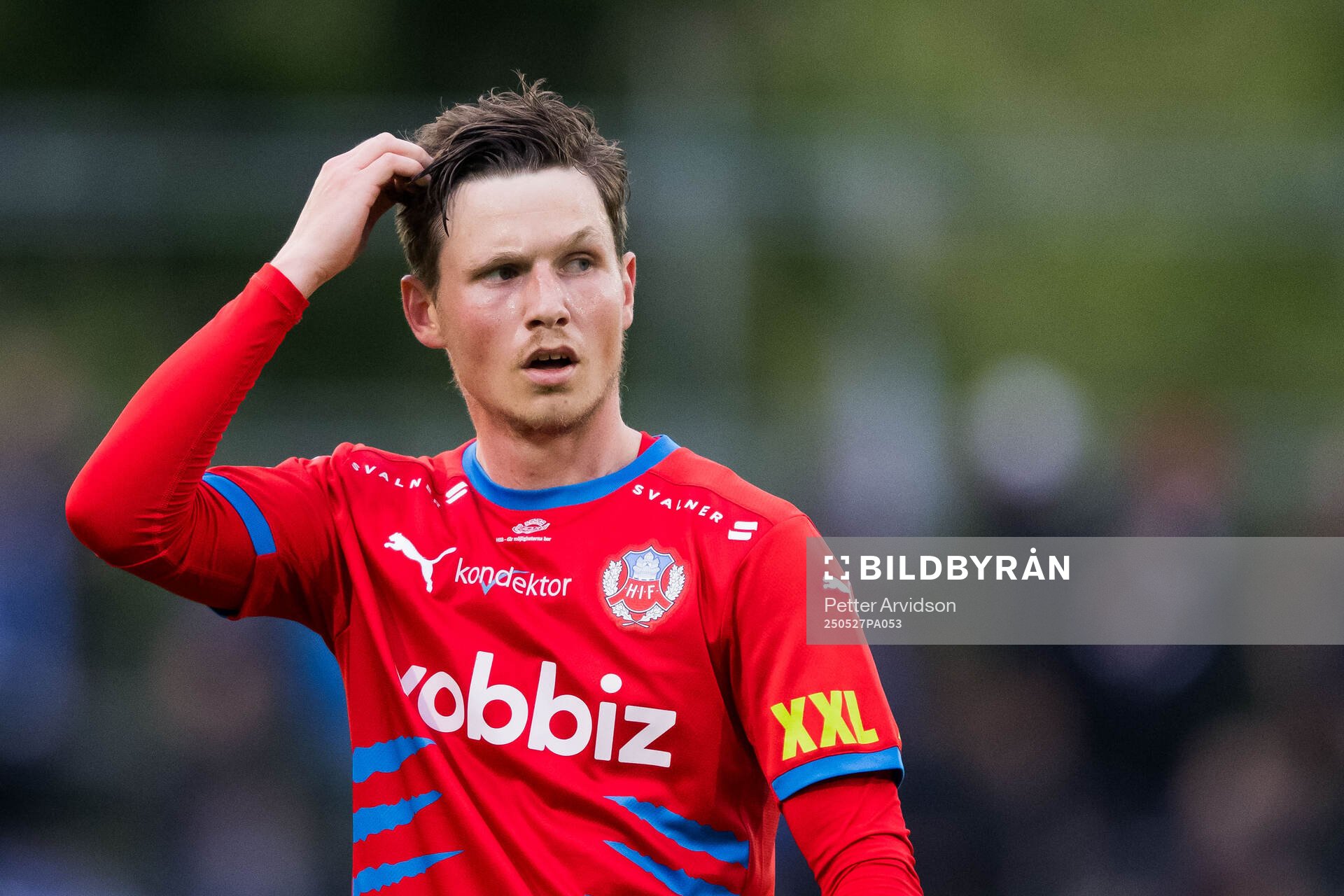 Helsingborgs Max Svensson under fotbollsmatchen i Superettan mellan Trelleborg och Helsingborg den 27 maj 2025 i Trelleborg. 