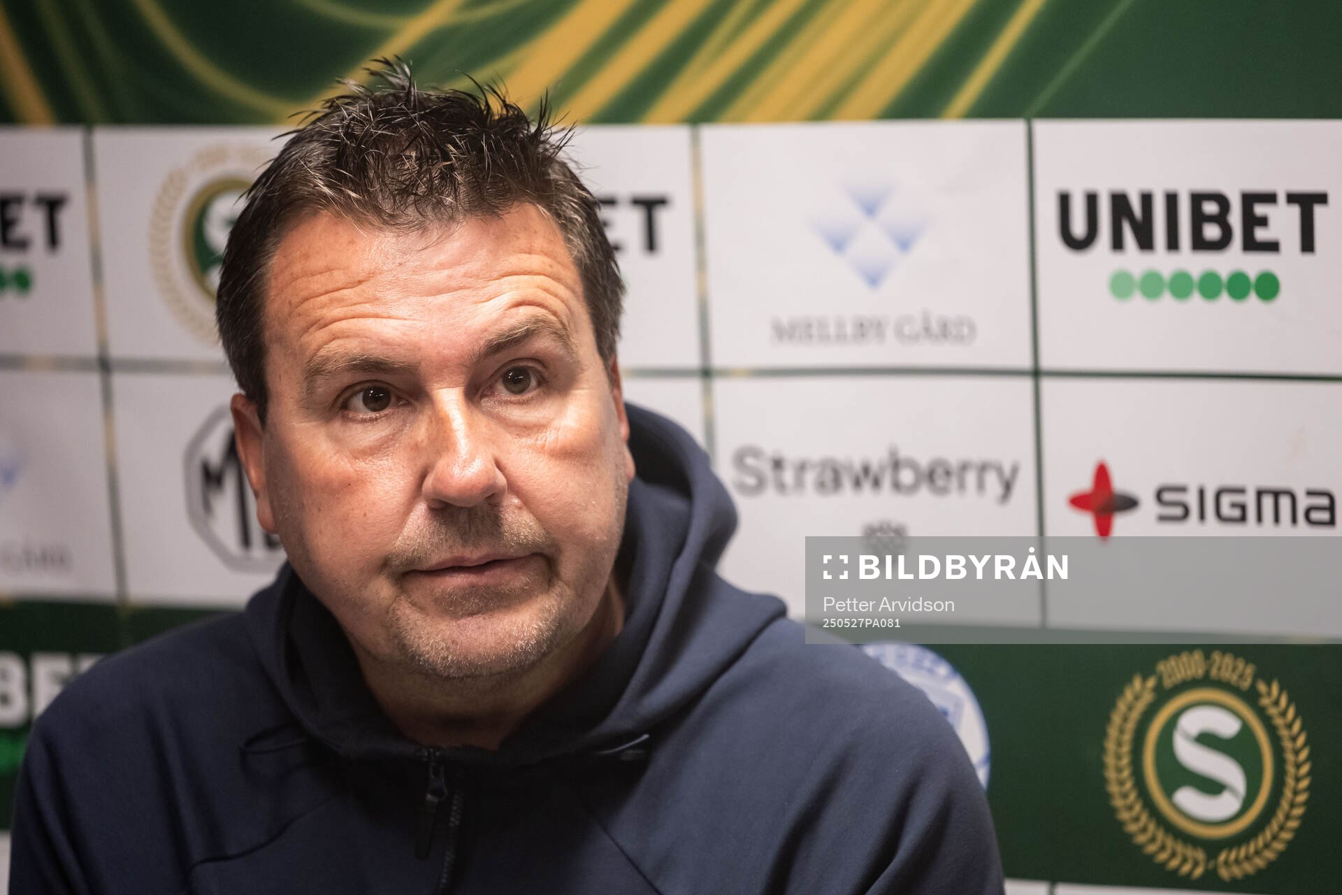 Trelleborgs tränare Stefan Jacobsson under presskonferensen efter fotbollsmatchen i Superettan mellan Trelleborg och Helsingborg den 27 maj 2025 i Trelleborg.