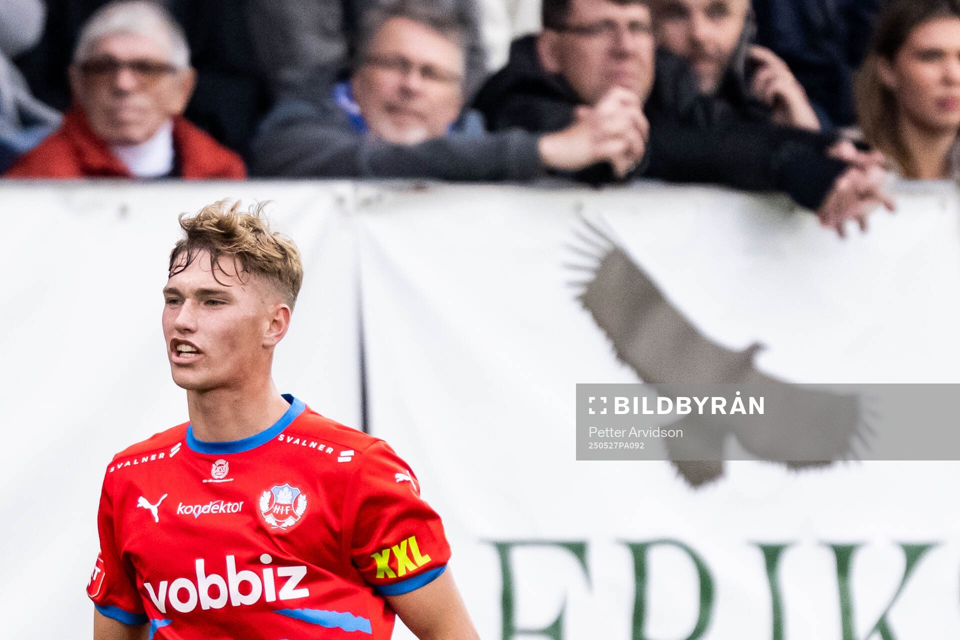 Helsingborgs Benjamin Örn under fotbollsmatchen i Superettan mellan Trelleborg och Helsingborg den 27 maj 2025 i Trelleborg. 