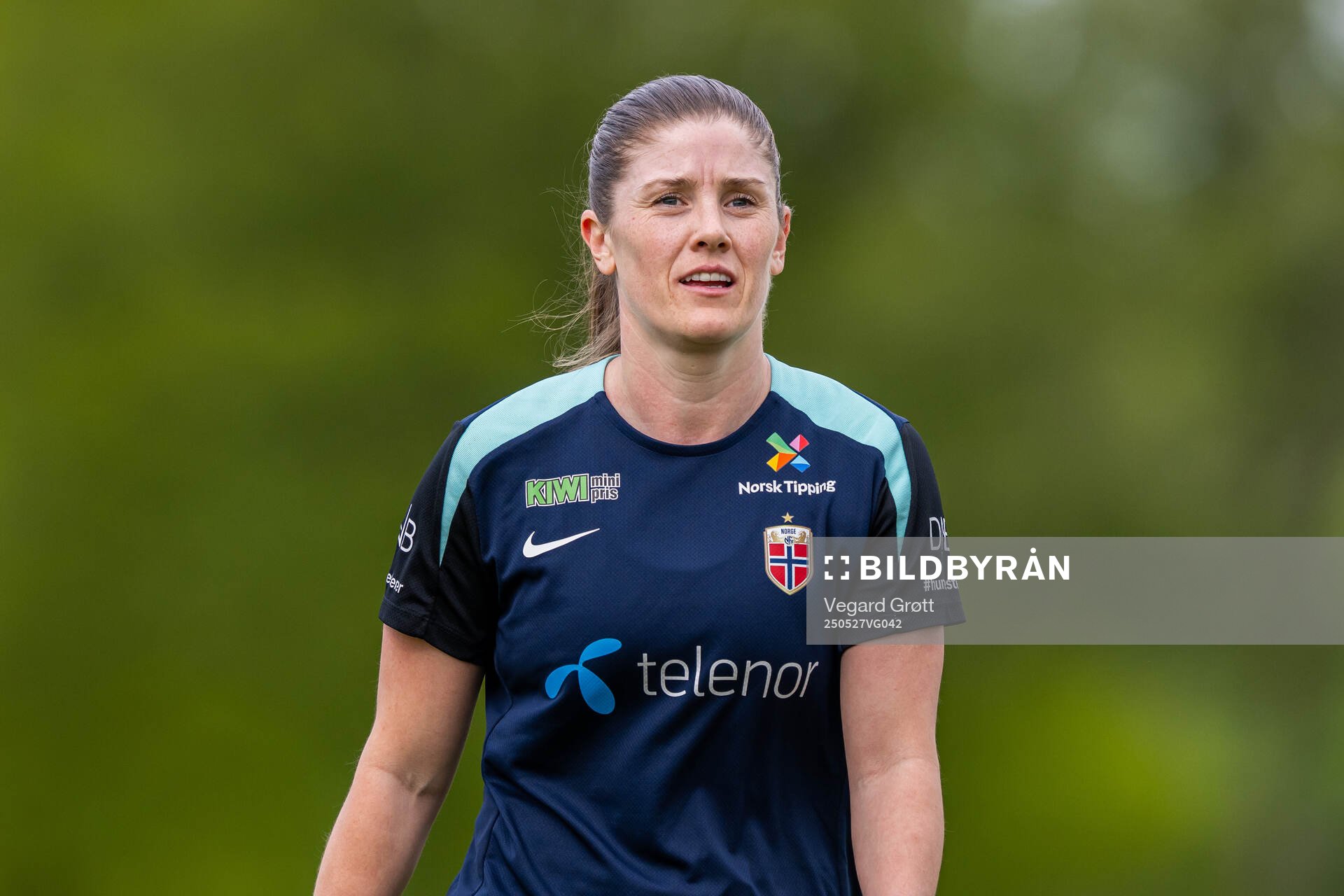Maren Mjelde of the Norwegian women's national football team during a training session on May 27, 2025 in Trondheim. 