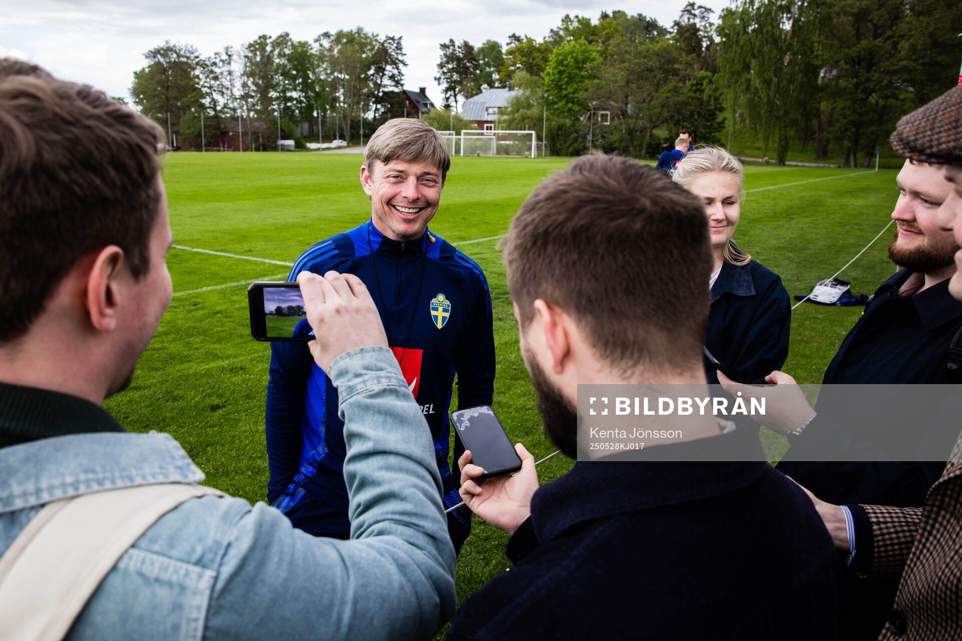 Head coach Jon Dahl Tomasson of the Swedish men's national football team are being interviewed during a training session on May 28, 2025 in Stockholm. 

