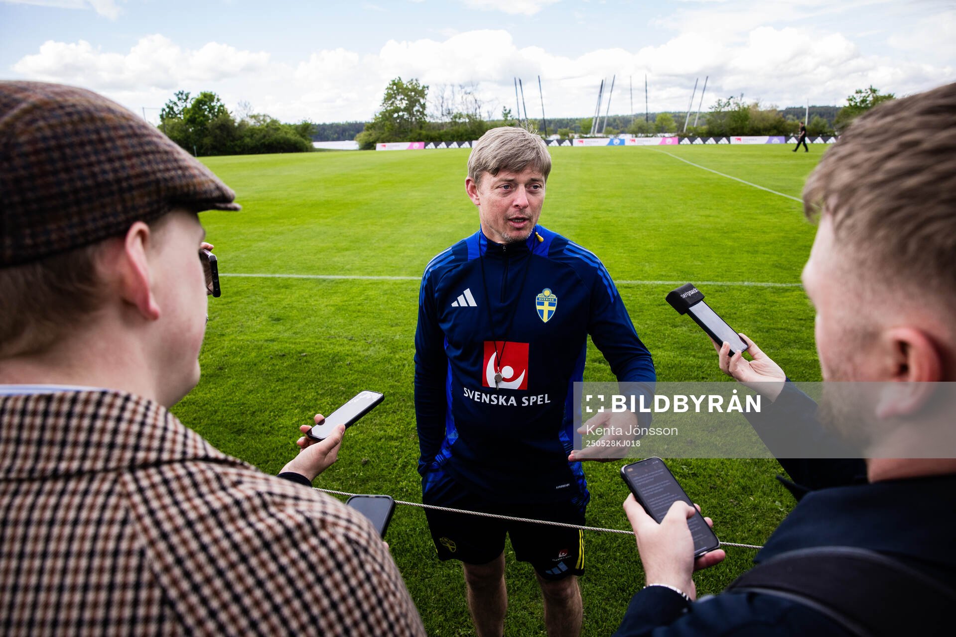 Head coach Jon Dahl Tomasson of the Swedish men's national football team are being interviewed during a training session on May 28, 2025 in Stockholm. 
