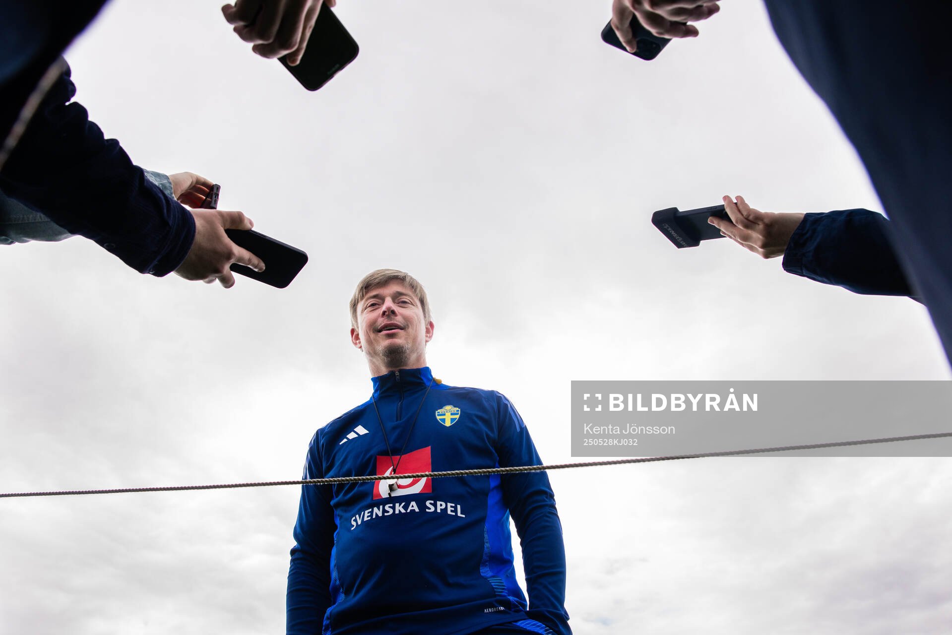 Head coach Jon Dahl Tomasson of the Swedish men's national football team are being interviewed during a training session on May 28, 2025 in Stockholm. 
