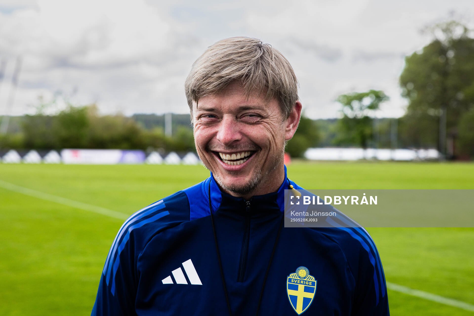 Head coach Jon Dahl Tomasson is being interviewed of the Swedish men's national football team during a training session on May 28, 2025 in Stockholm. 