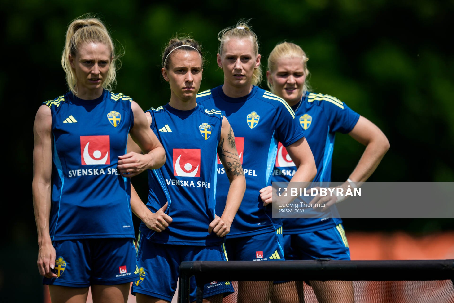Rebecka Blomqvist, Julia Zigiotti Olme, Stina Blackstenius and goalkeeper Emma Holmgren of the Swedish women’s national football team during a training session on May 28, 2025 in Fidenza.
