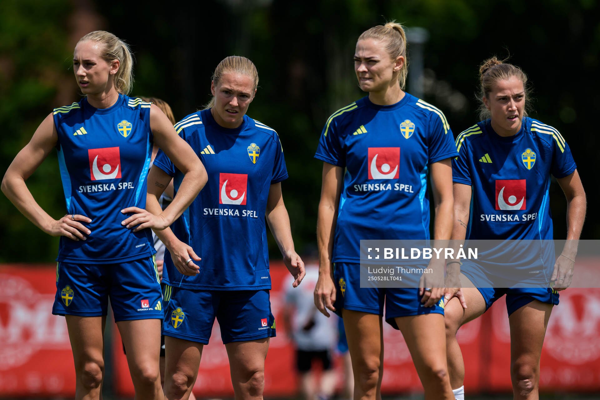 Ellen Wangerheim, Magdalena Eriksson, Fridolina Rolfö and Filippa Angeldahl of the Swedish women’s national football team during a training session on May 28, 2025 in Fidenza.