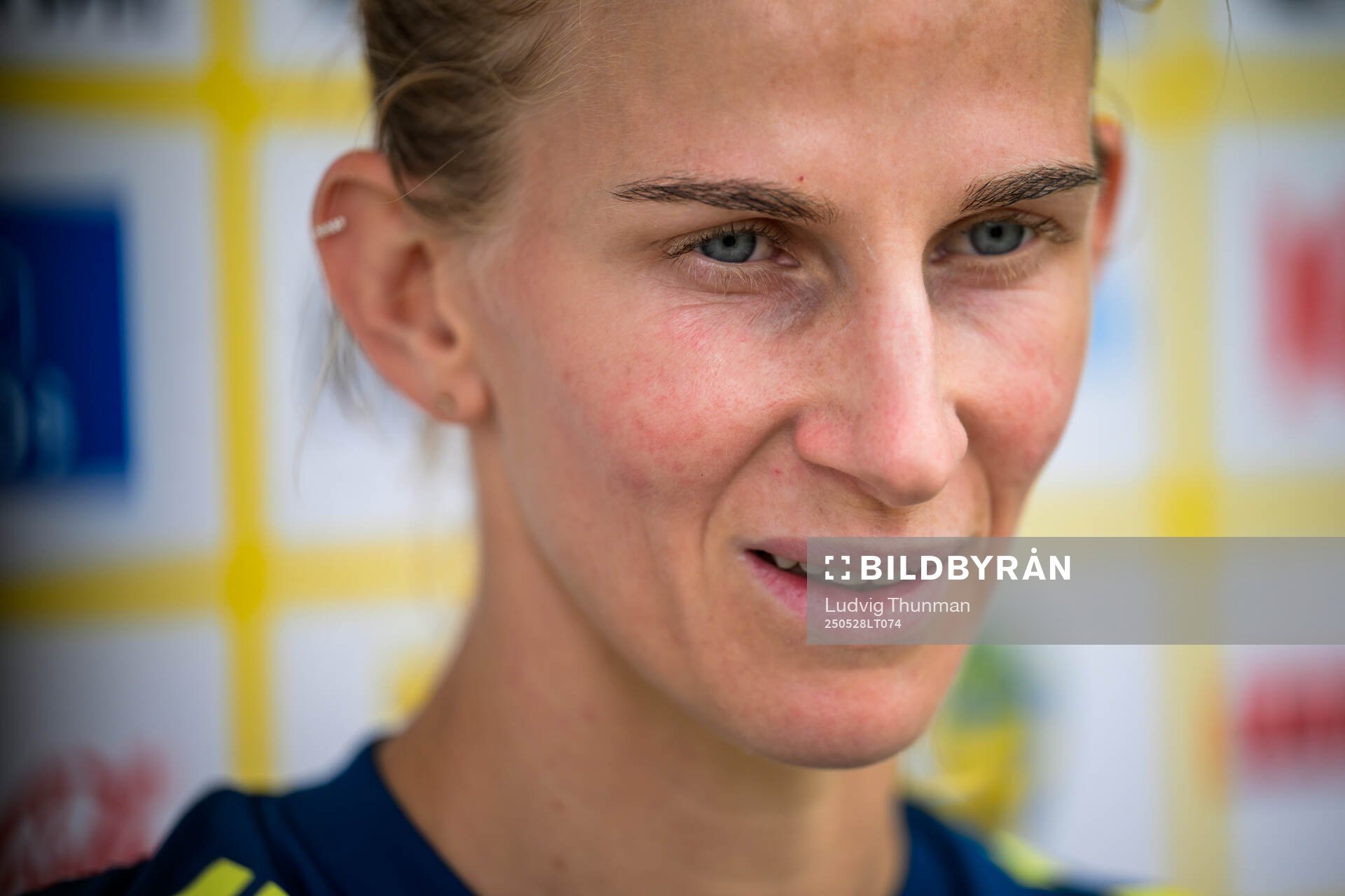 Sofia Jakobsson of the Swedish women’s national football team is interviewed by the media after a training session on May 28, 2025 in Fidenza. 