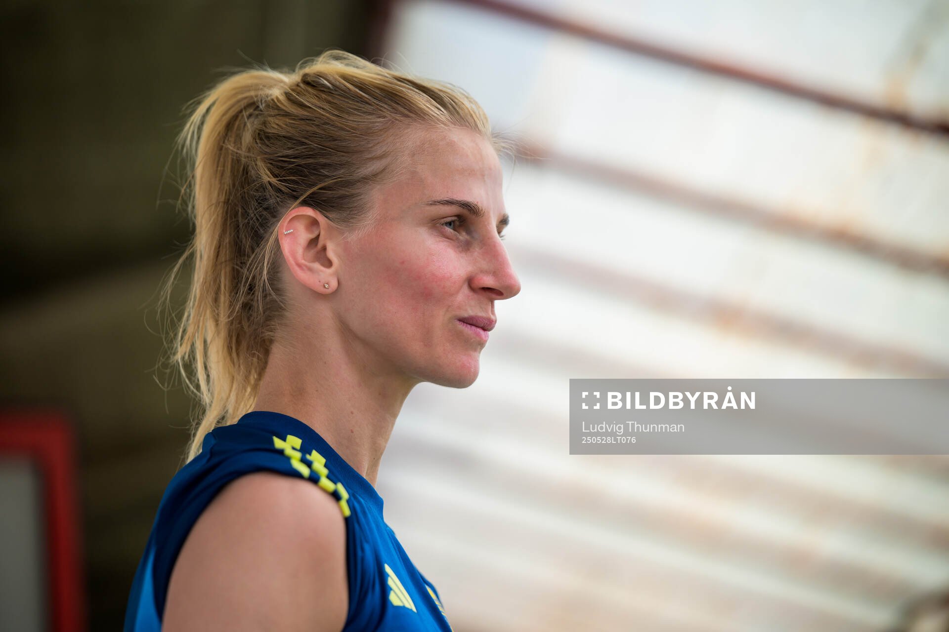 Sofia Jakobsson of the Swedish women’s national football team is interviewed by the media after a training session on May 28, 2025 in Fidenza. 