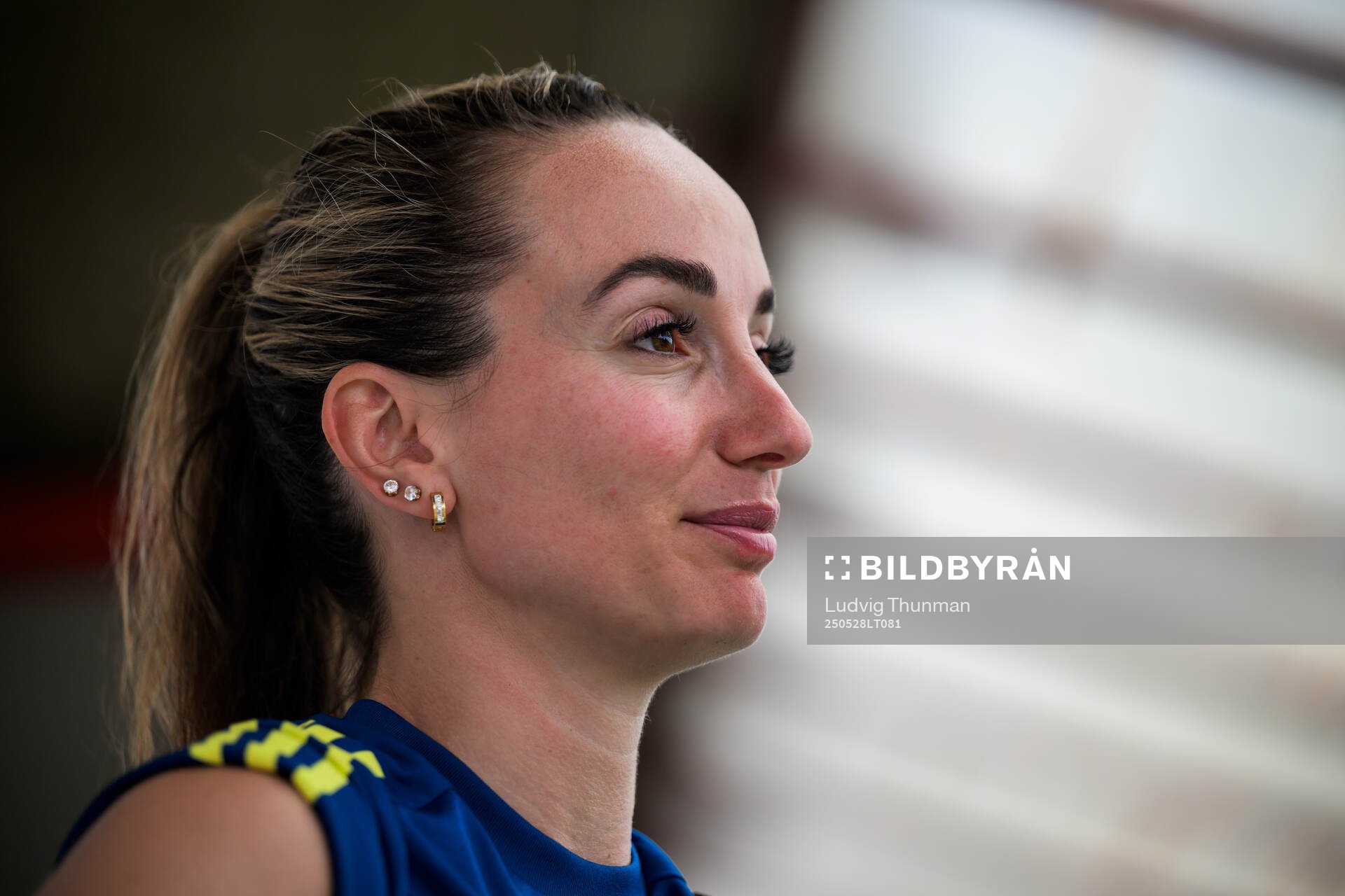 Kosovare Asllani of the Swedish women’s national football team is interviewed by the media after a training session on May 28, 2025 in Fidenza. 