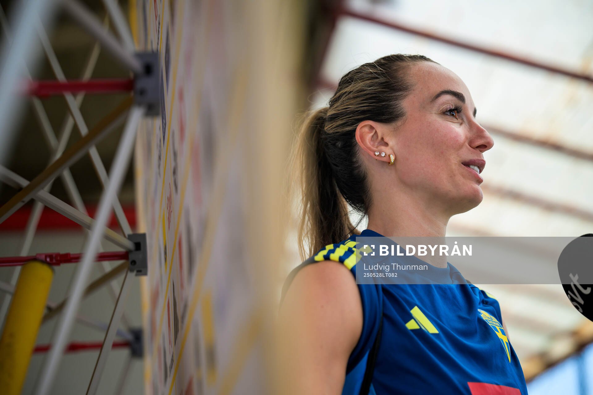 Kosovare Asllani of the Swedish women’s national football team is interviewed by the media after a training session on May 28, 2025 in Fidenza. 
