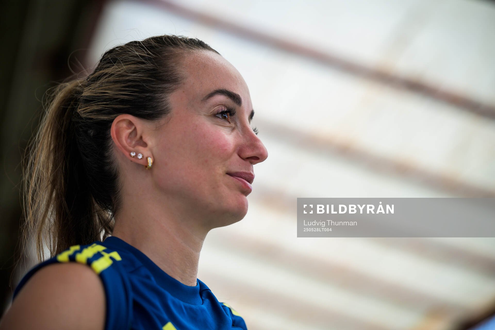 Kosovare Asllani of the Swedish women’s national football team is interviewed by the media after a training session on May 28, 2025 in Fidenza. 