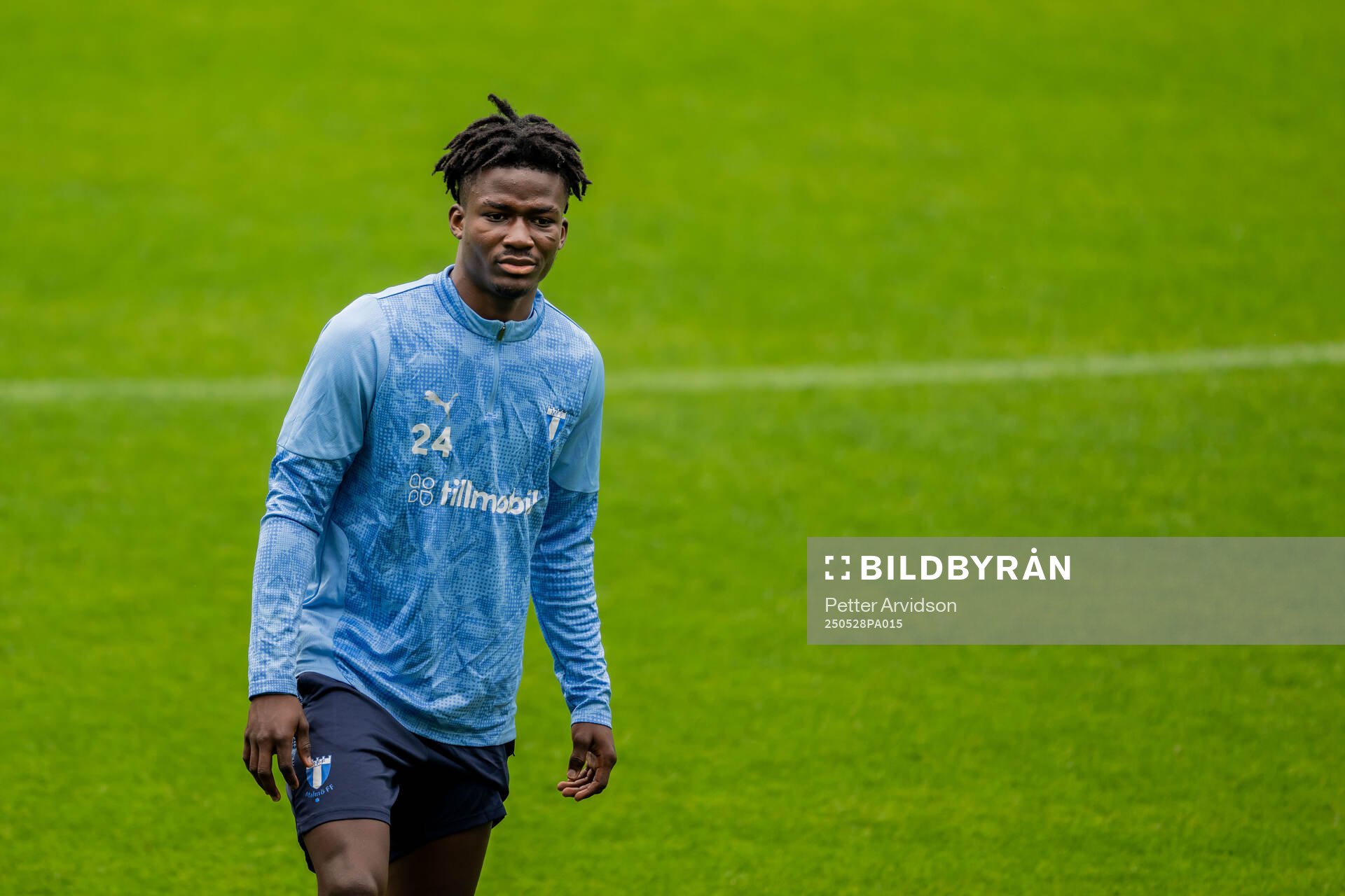 Malmö FFs Israel Anum under en träning inför finalen i Svenska Cupen den 28 maj 2025 i Malmö. 