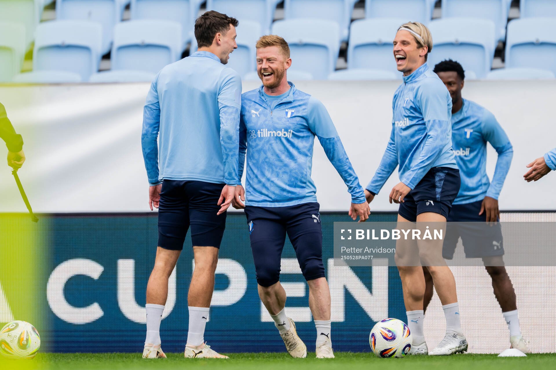 Malmö FFs Colin Rösler, Anders Christiansen och Jens Stryger Larsen under en träning inför finalen i Svenska Cupen den 28 maj 2025 i Malmö.
