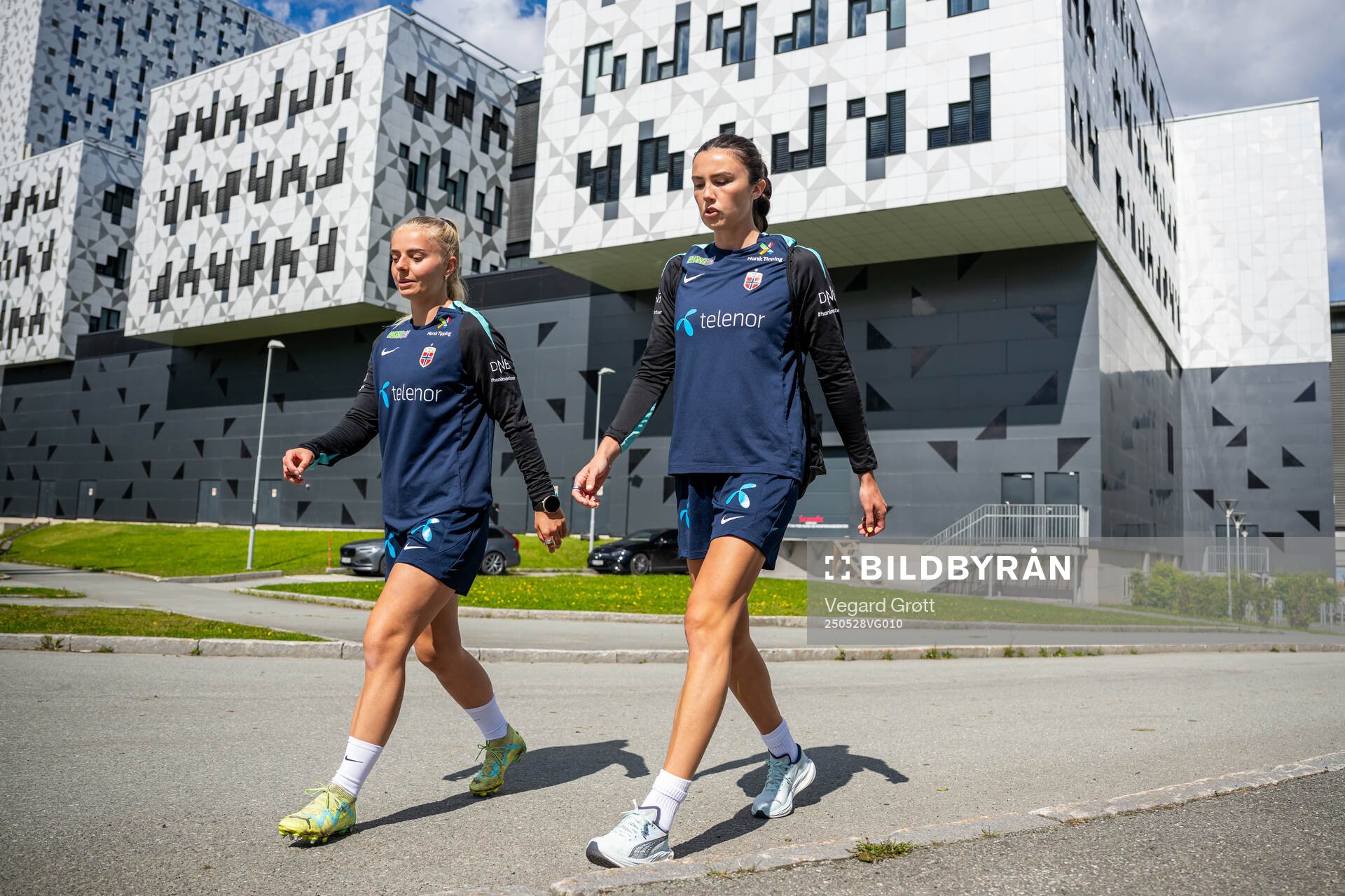 Emilie Woldvik and Ingrid Syrstad Engen of the Norwegian women's national football team ahead of a training session on May 28, 2025 in Trondheim.