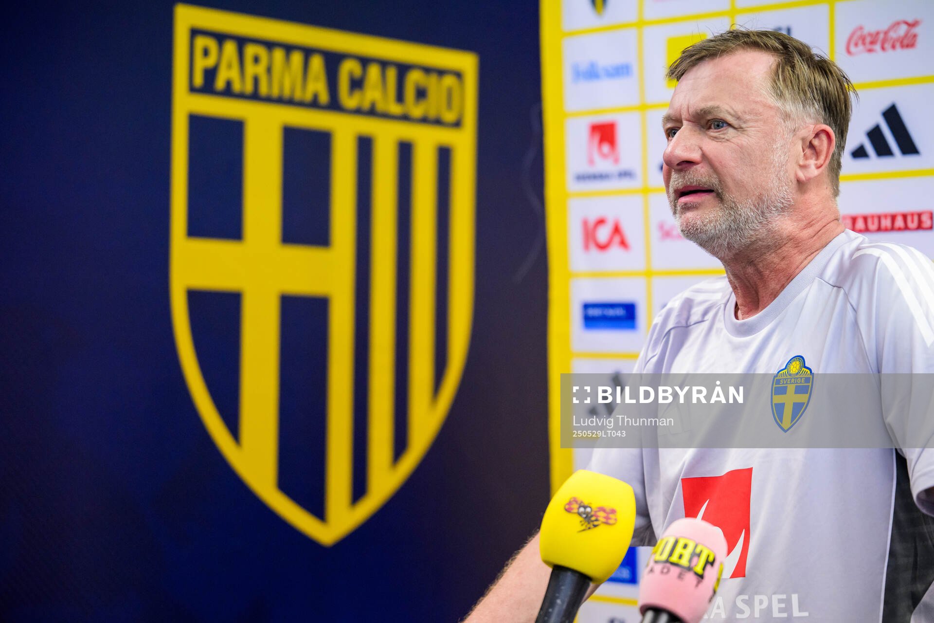 Head coach Peter Gerhardsson of the Swedish women’s national football team is interviewed by the media after a training session on May 29, 2025 in Parma.