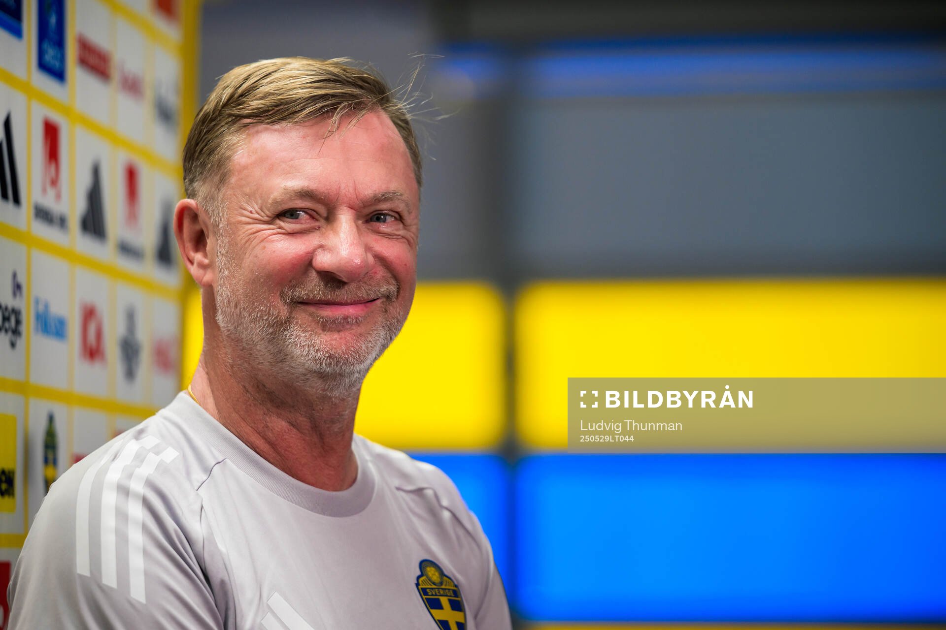 Head coach Peter Gerhardsson of the Swedish women’s national football team is interviewed by the media after a training session on May 29, 2025 in Parma.