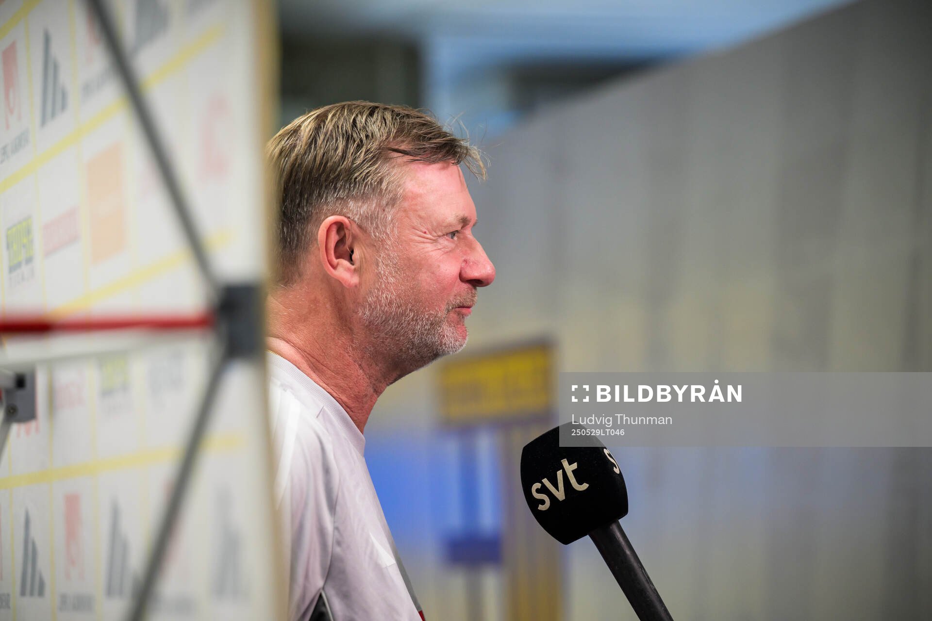 Head coach Peter Gerhardsson of the Swedish women’s national football team is interviewed by the media after a training session on May 29, 2025 in Parma.