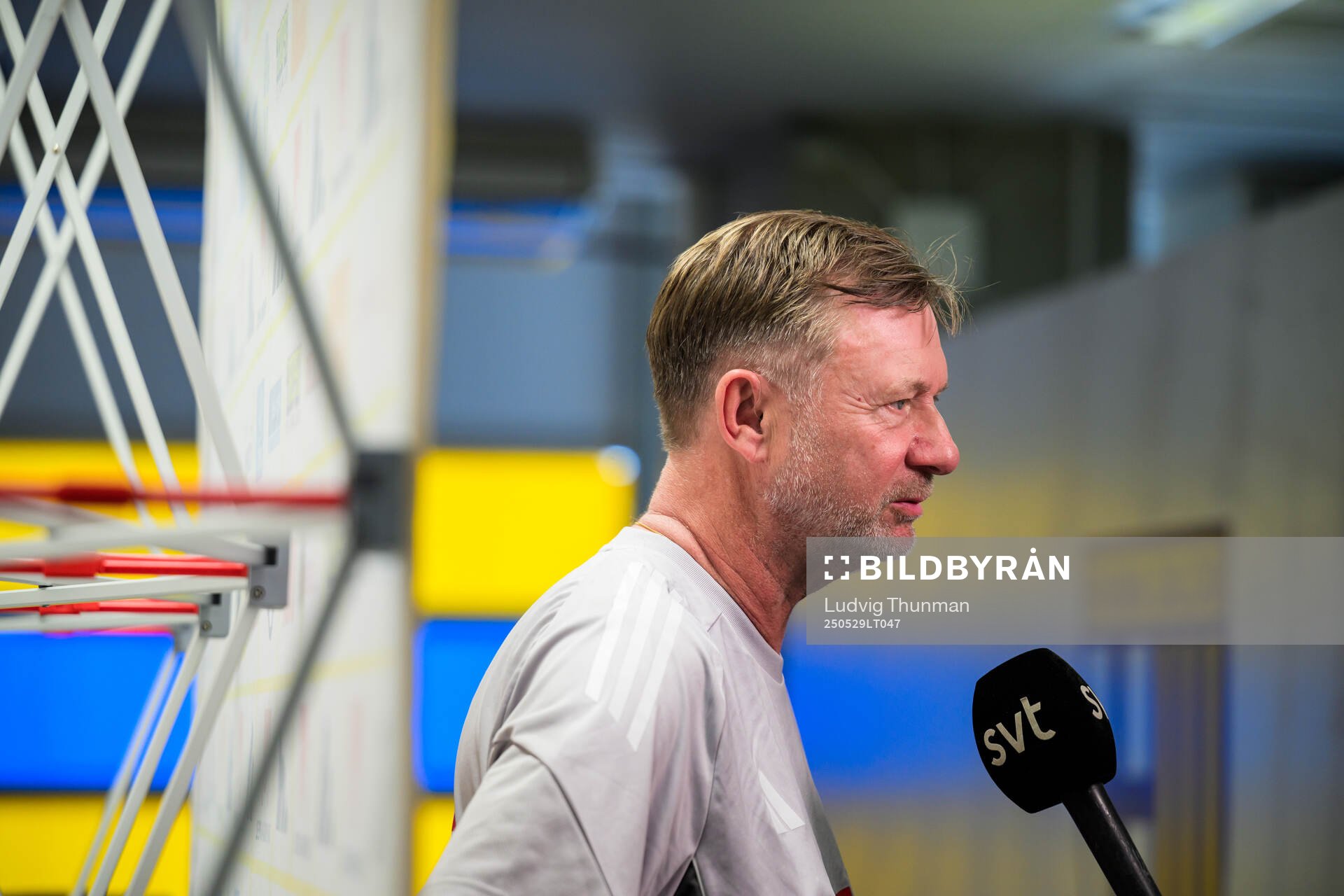 Head coach Peter Gerhardsson of the Swedish women’s national football team is interviewed by the media after a training session on May 29, 2025 in Parma.