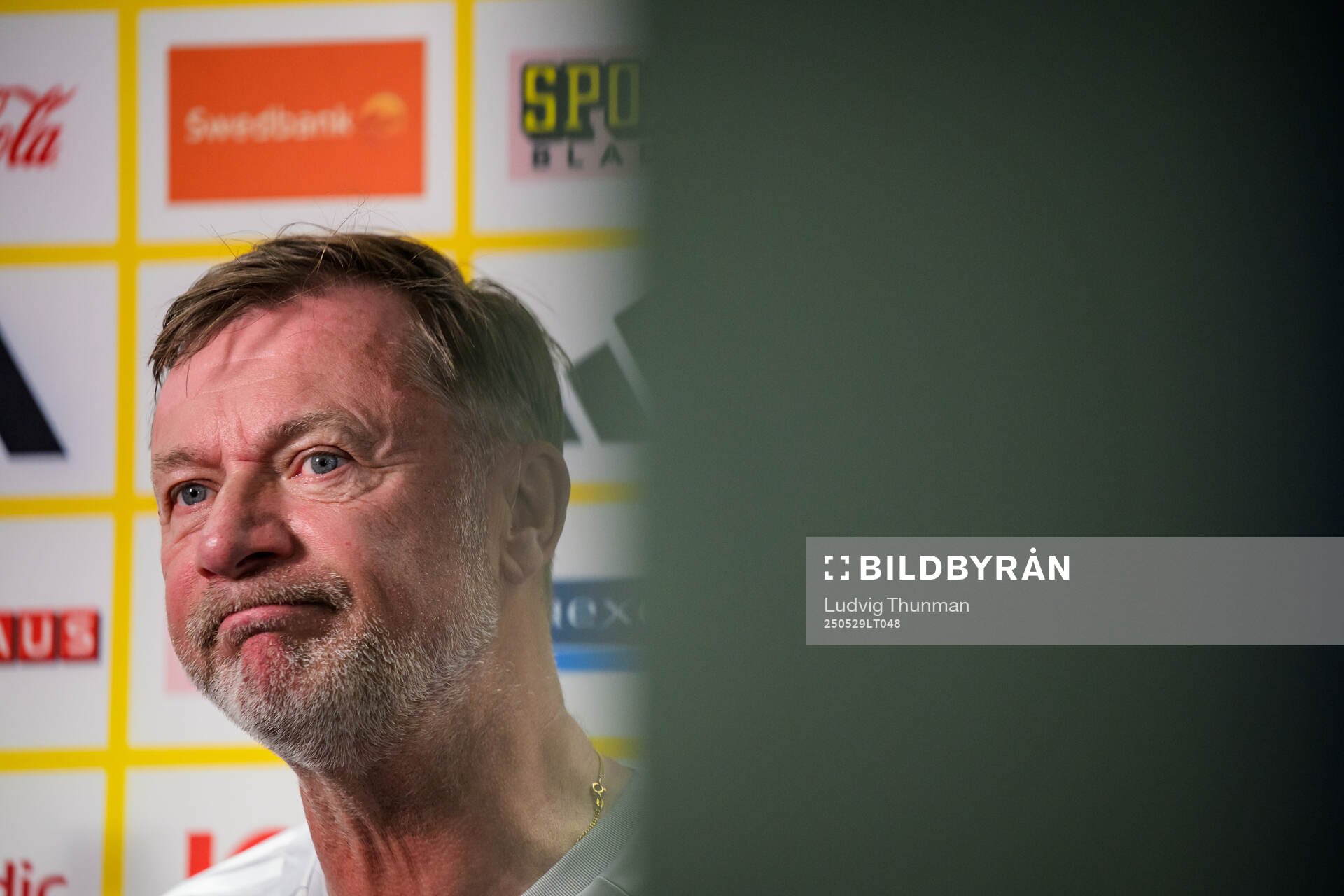 Head coach Peter Gerhardsson of the Swedish women’s national football team is interviewed by the media after a training session on May 29, 2025 in Parma.