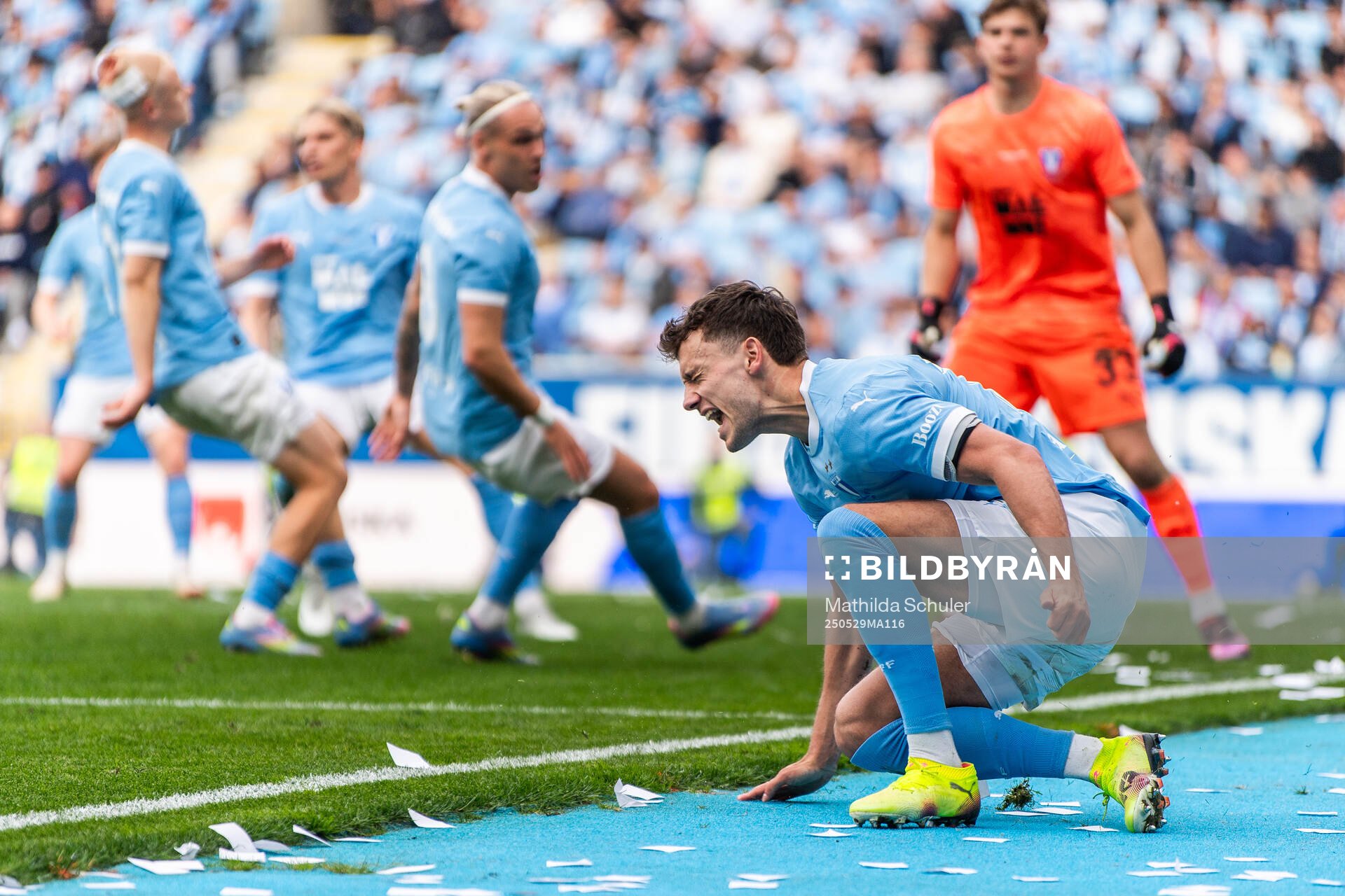 Malmö FFs Colin Rösler jublar under finalen i Svenska Cupen mellan Malmö FF och Häcken den 29 maj 2025 i Malmö. 