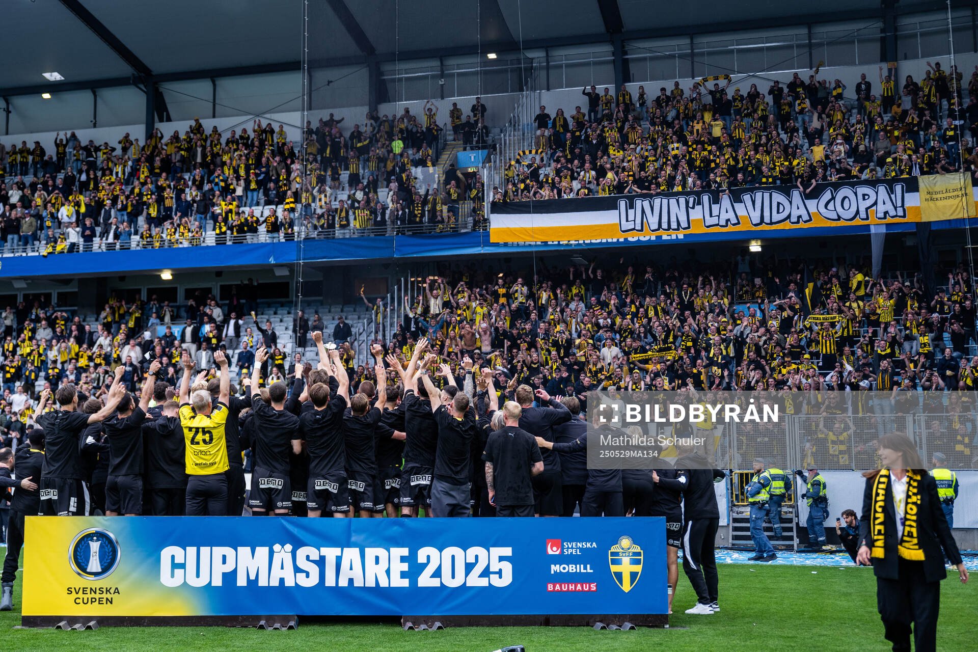 Häckens spelare jublar mot supportrarna efter finalen i Svenska Cupen mellan Malmö FF och Häcken den 29 maj 2025 i Malmö. 