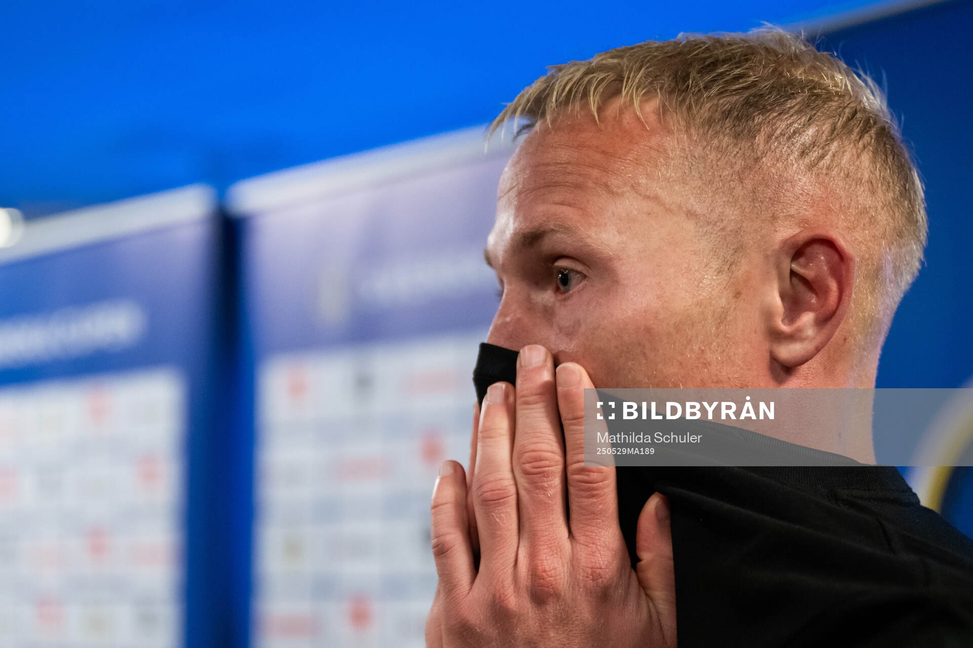 Häckens Mikkel Rygaard Jensen intervjuas i mixade zonen efter finalen i Svenska Cupen mellan Malmö FF och Häcken den 29 maj 2025 i Malmö.