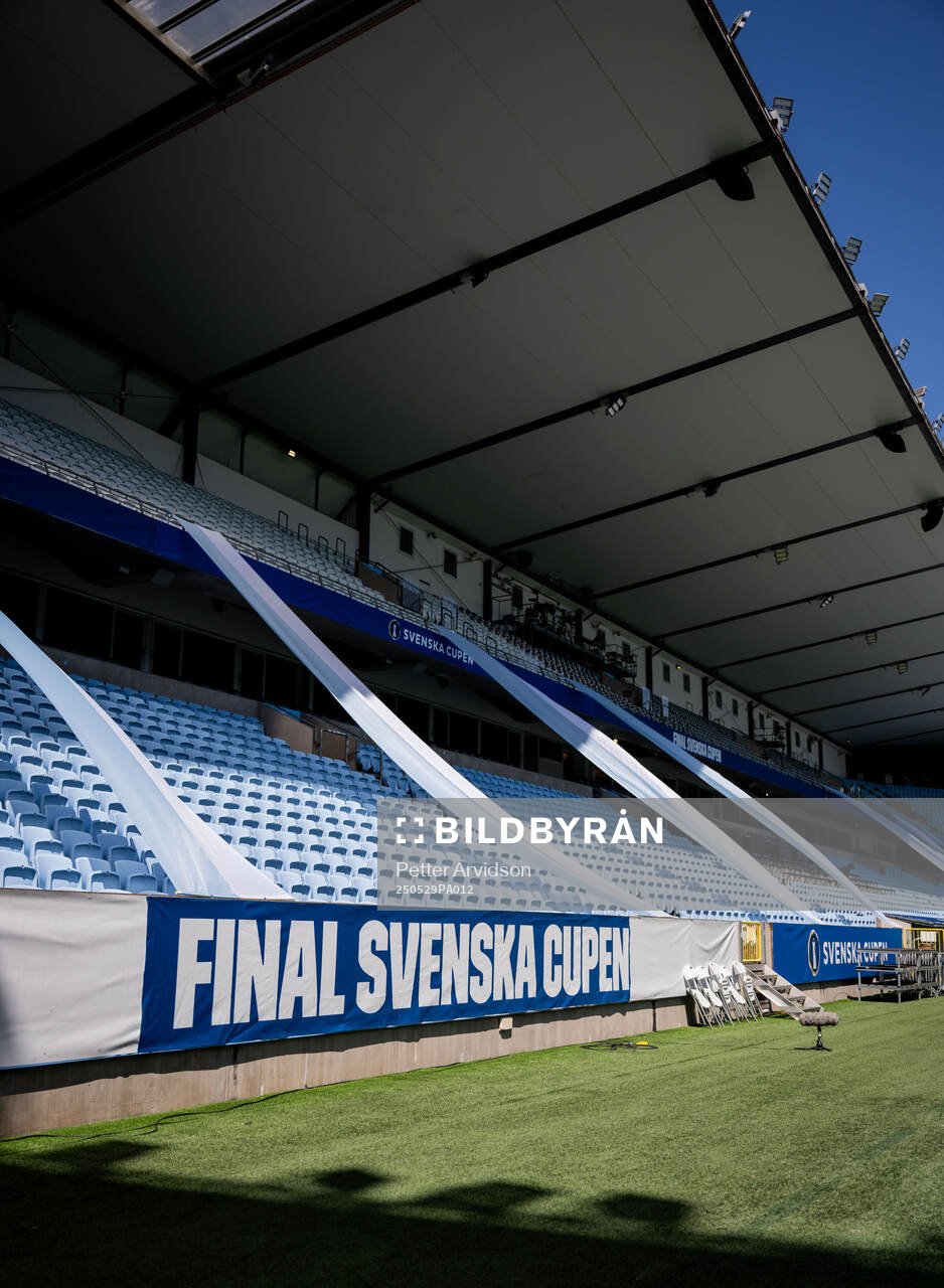 Svenska Cupen banderoll på Eleda Stadion inför finalen i Svenska Cupen mellan Malmö FF och Häcken den 29 maj 2025 i Malmö. 