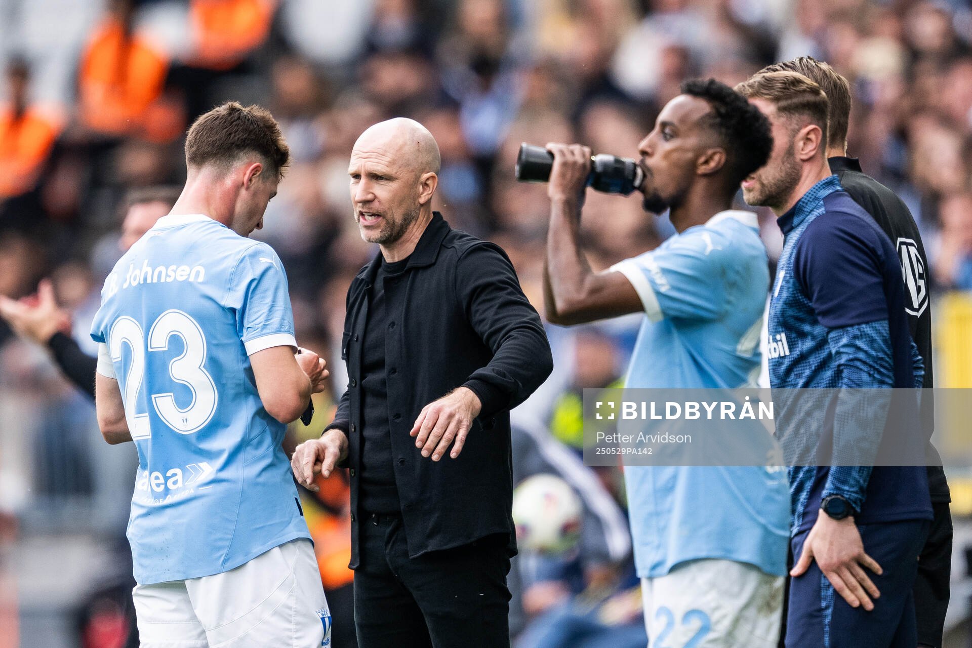 Malmö FFs Lasse Berg Johnsen och tränare Henrik Rydström under finalen i Svenska Cupen mellan Malmö FF och Häcken den 29 maj 2025 i Malmö.
