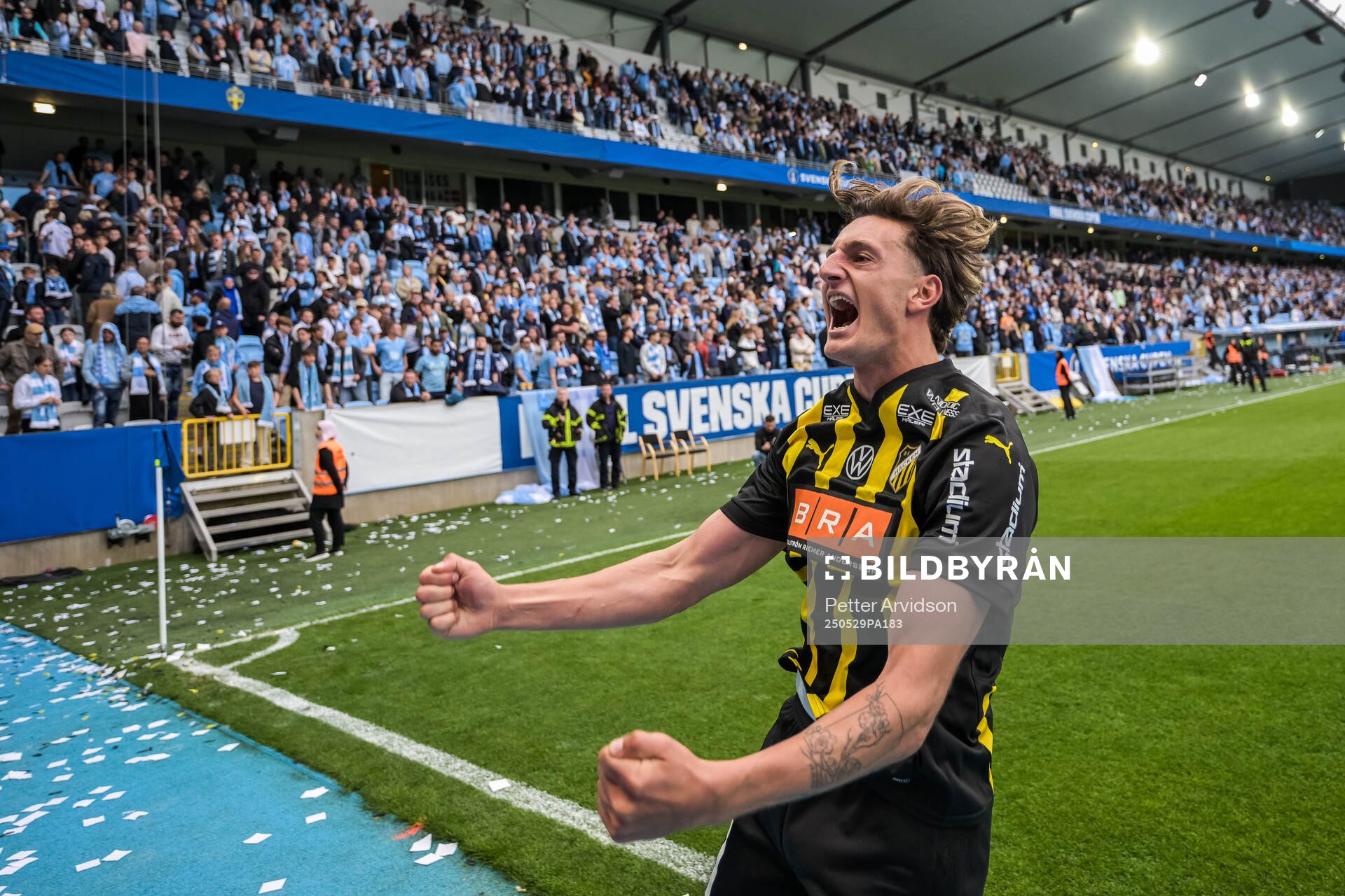 Häckens Silas Andersen jublar efter finalen i Svenska Cupen mellan Malmö FF och Häcken den 29 maj 2025 i Malmö. 