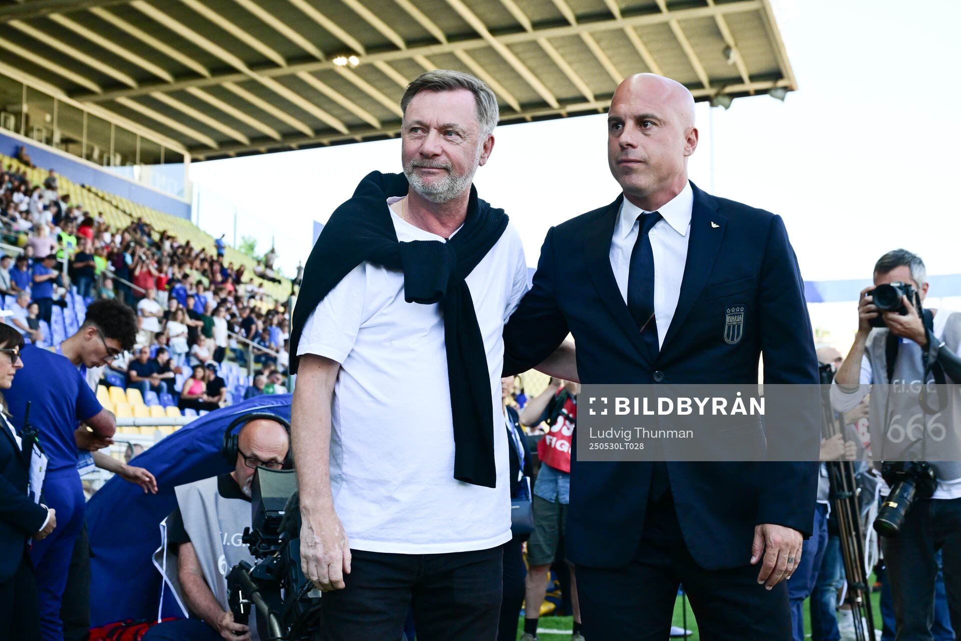 Head coach Peter Gerhardsson of Sweden and Head coach Andrea Soncin of Italy ahead of the Women's Nations League football match between Italy and Sweden on May 30, 2025 in Parma.