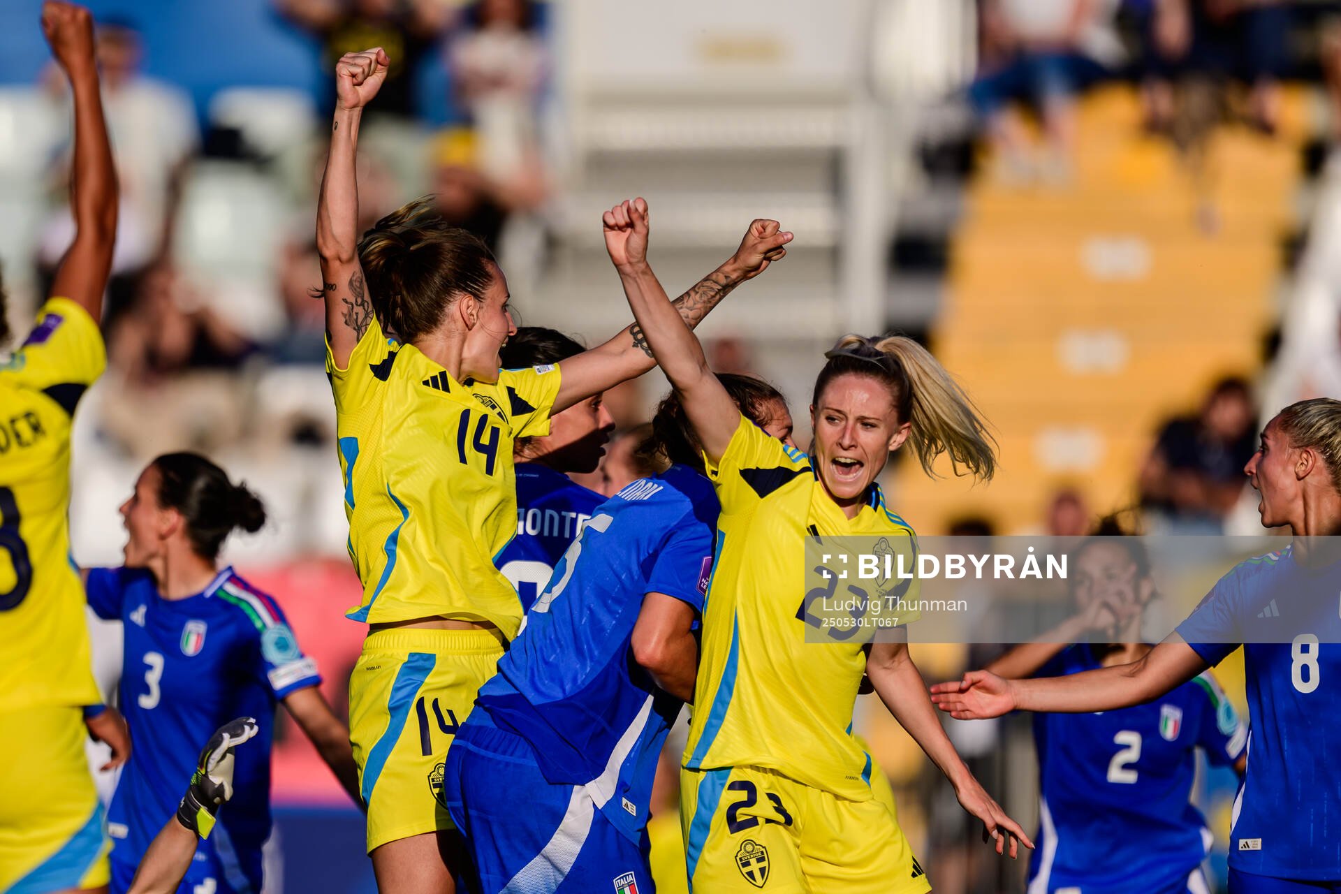 Nathalie Björn and Rebecka Blomqvist of Sweden celebrates a goal that was later disallowed during the Women's Nations League football match between Italy and Sweden on May 30, 2025 in Parma.
