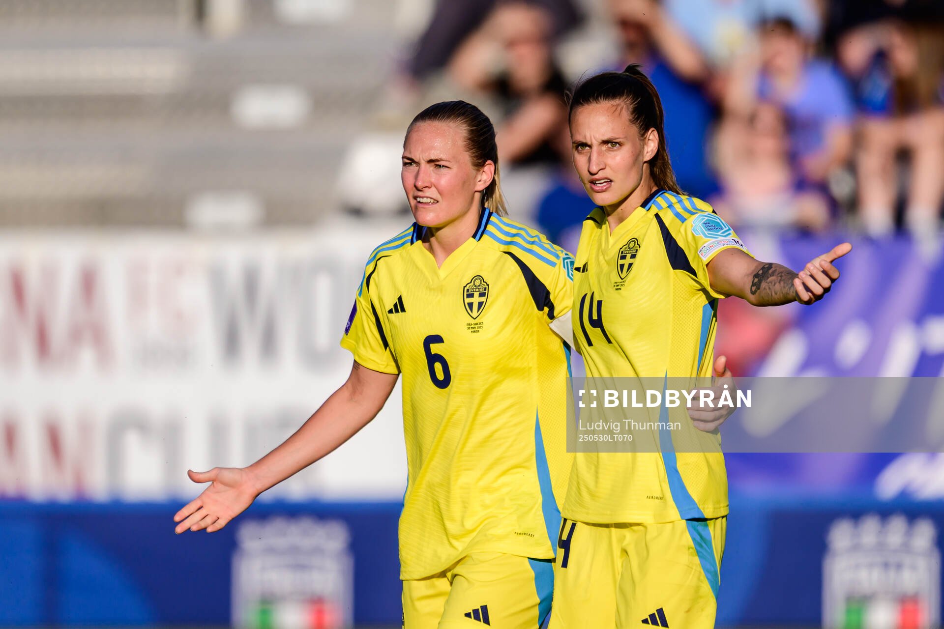 Magdalena Eriksson and Nathalie Björn of Sweden reacts