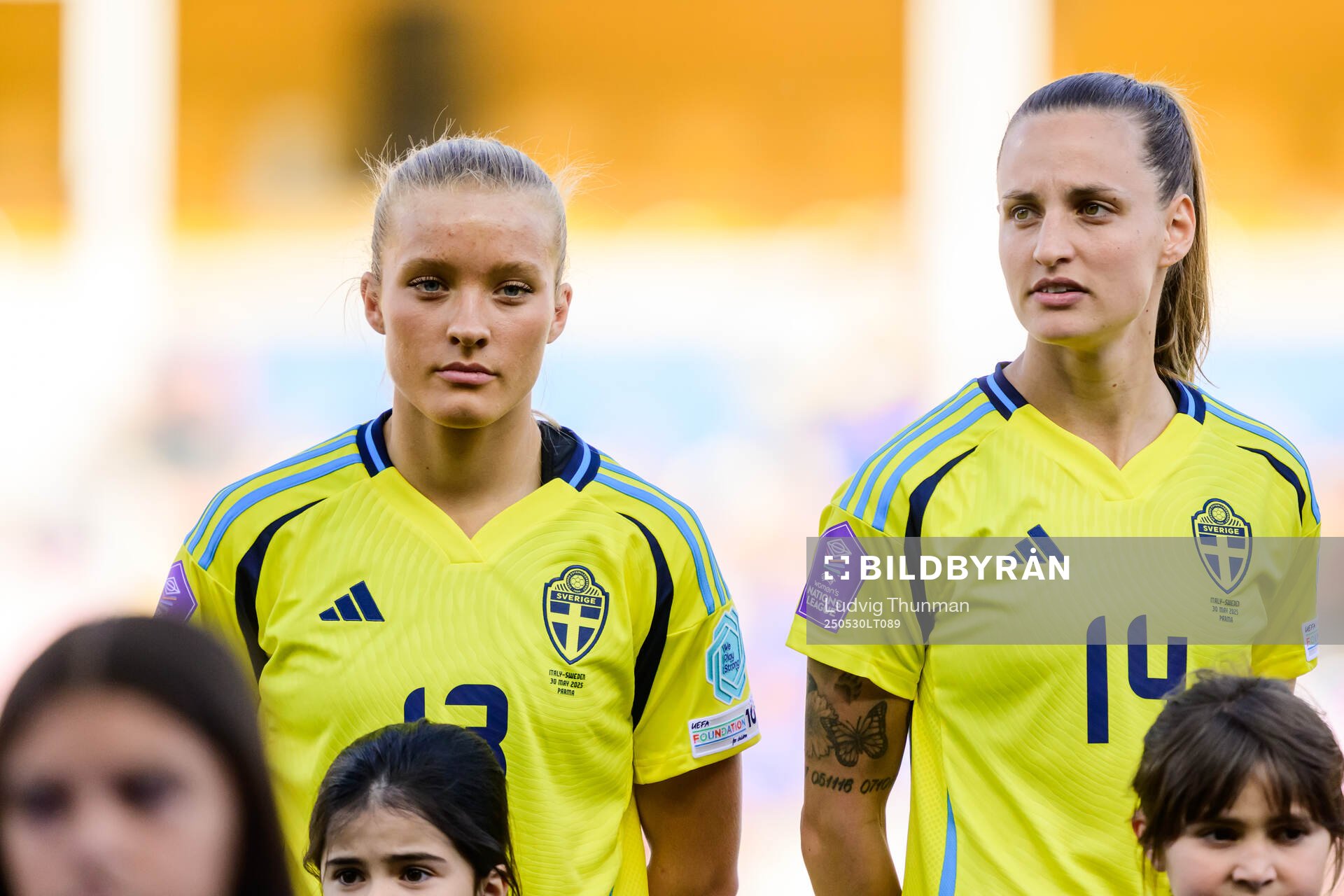 Smilla Holmberg and Nathalie Björn of Sweden ahead of the Women's Nations League football match between Italy and Sweden on May 30, 2025 in Parma.