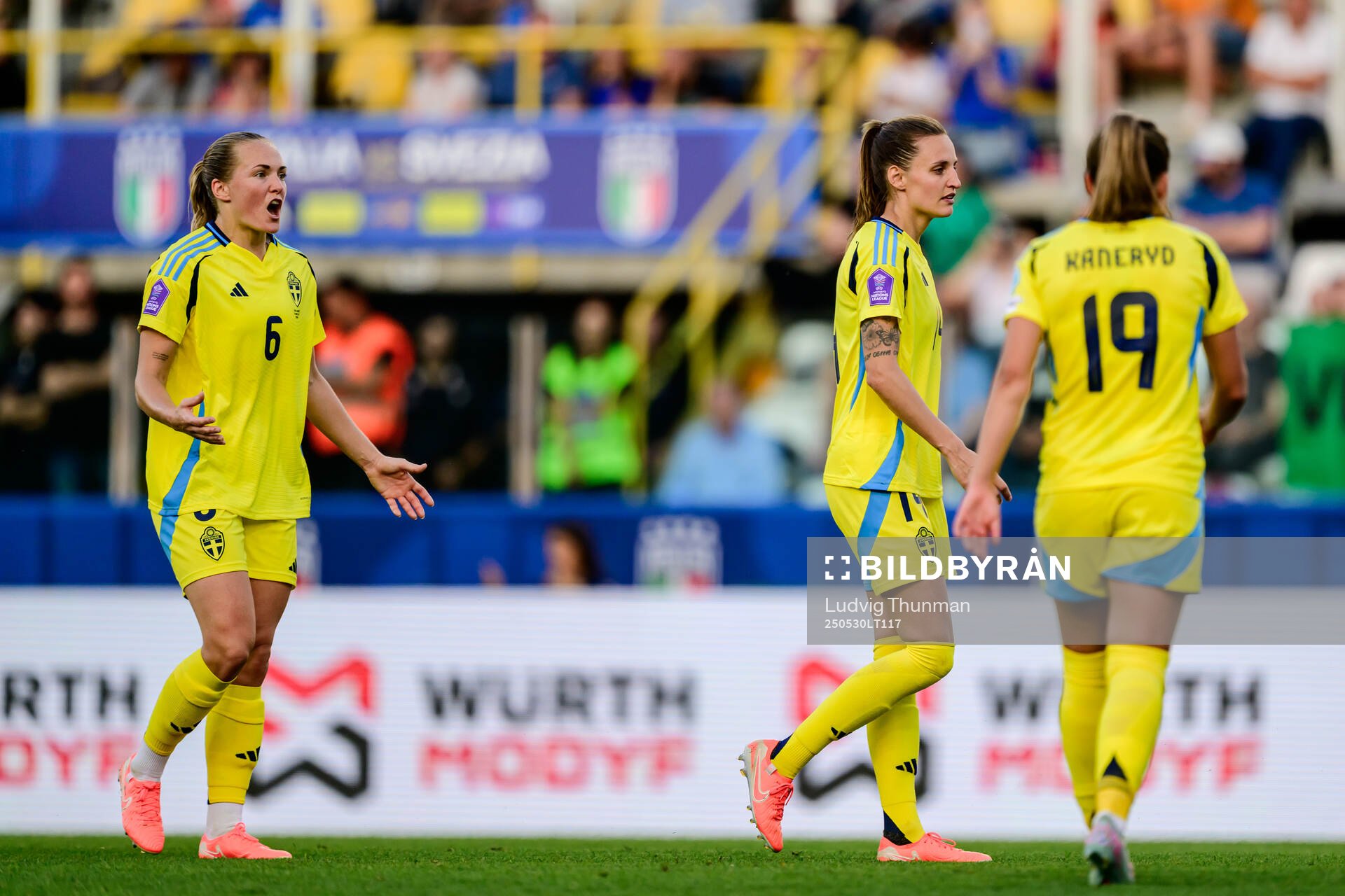Magdalena Eriksson , Nathalie Björn and Johanna Rytting Kaneryd of Sweden during the Women's Nations League football match between Italy and Sweden on May 30, 2025 in Parma.